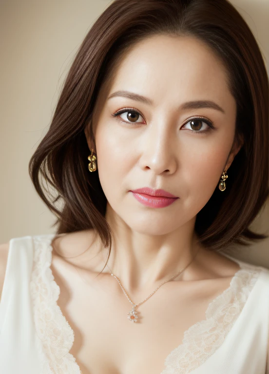 masterpiece,best quality, (one milf), ((portrait:1.5)), ((look down)), makeup, elegant laced white shirt, touch own chest, ((seduction expression)),