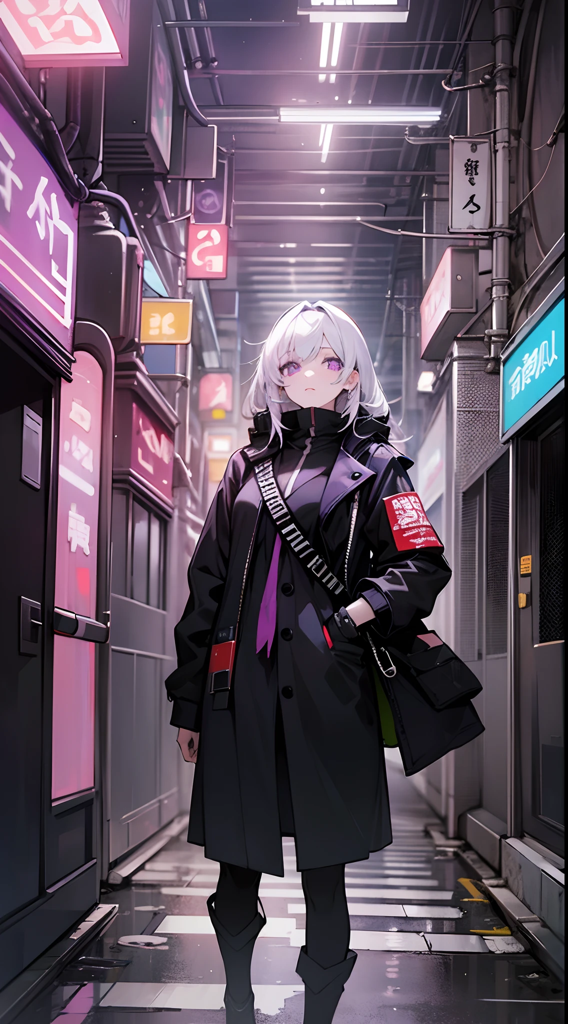 White-haired girl, purple eyes, black coat, underground street, cyberpunk, ruins, lighting, movie light, Japanese anime and manga style