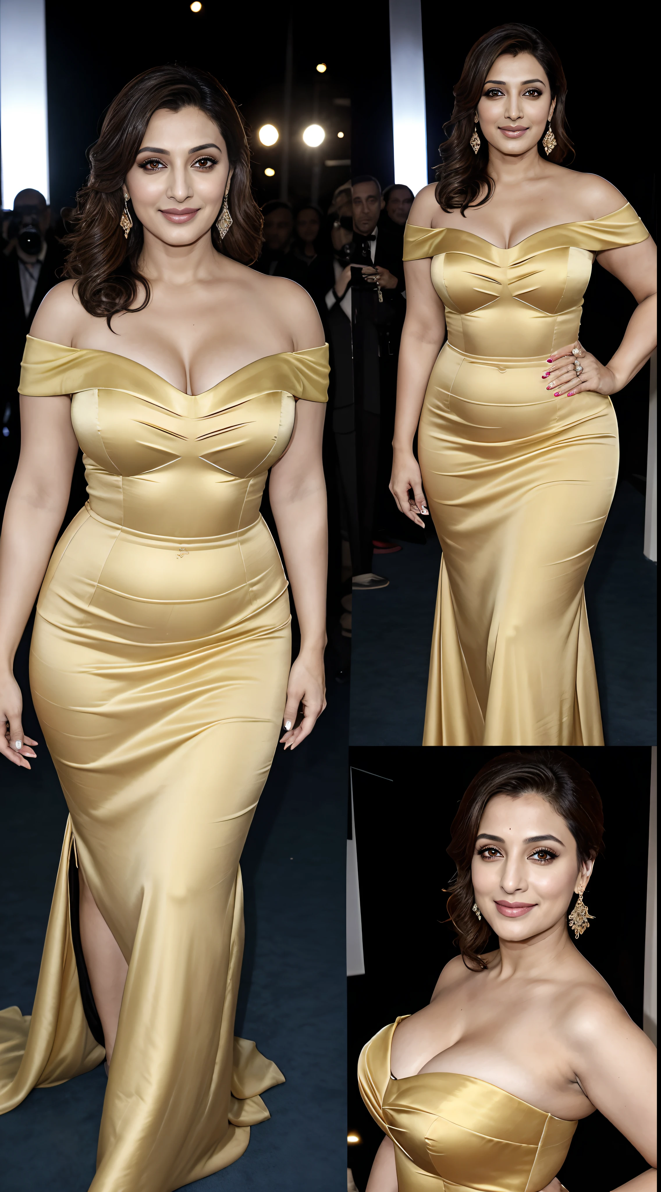 Sonali Bendre as fashion show, athletic curvy milf body, yellow off-shoulder strapless satin gown, extreme deep cut neckline, exposing massive cleavage, thigh high boots, posing in cannes red carpet, sunny day scene, hourglass figure, big breasts, seductive face, erotic expression, look at a camera and smile, high ponytail hair, erotic adult face, 42 yo, bright lights, intricate details, (ArtStation:1.2)