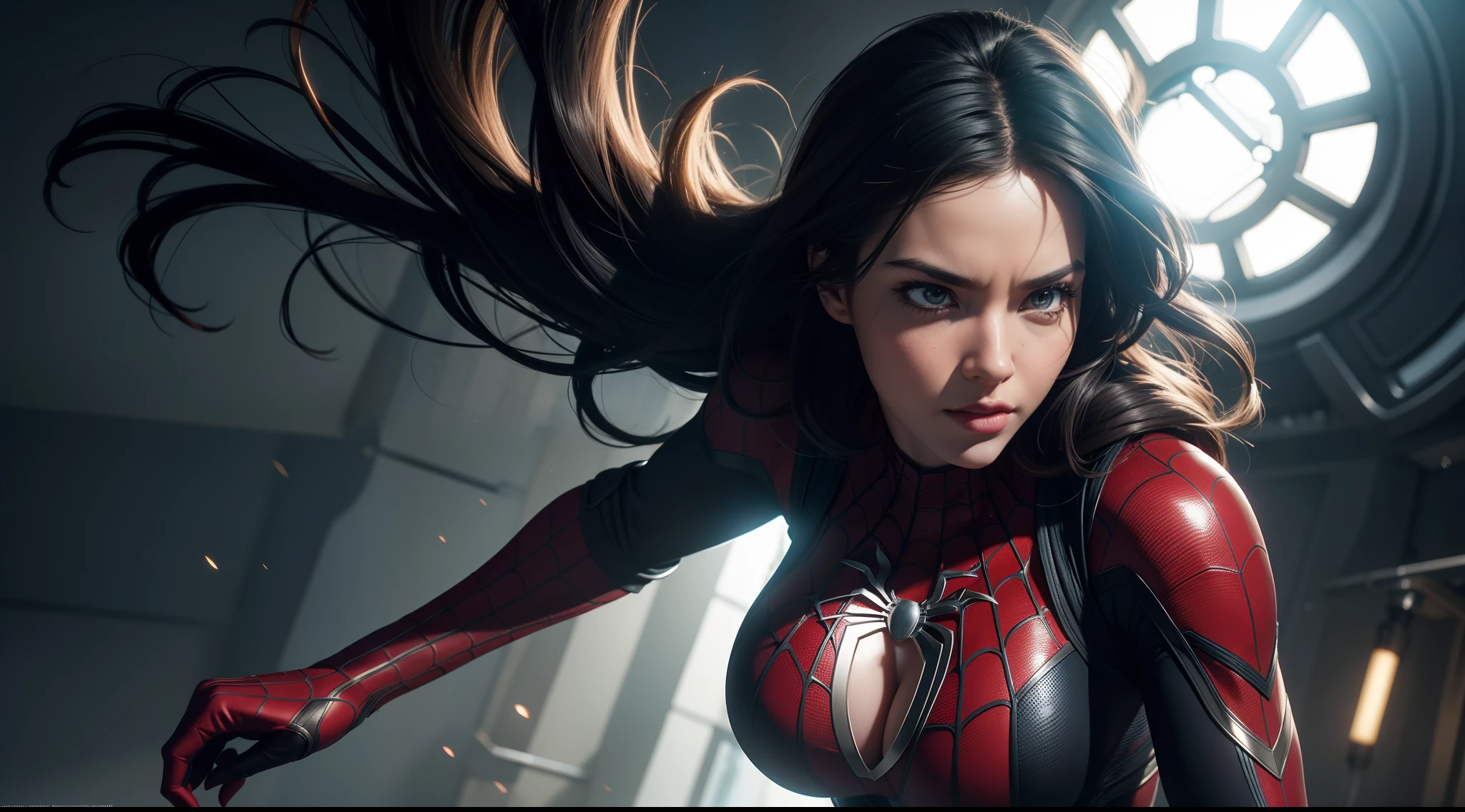 Spider-Woman (really big voluminous tits), CGI with clear focus, Photorealistic, high detail, Realistic, Masterpiece, absurdress, Best Quality, HDR, hiquality, hight resolution, Extremely detailed, 8k wallpaper, intricate details, 8K UHD, Full-HD, (foto realista:1.2), Contrast, sharp lighting, Cinematic lighting, natural lighting, hard light, Backlighting, Global Illumination, Environment Occlusion