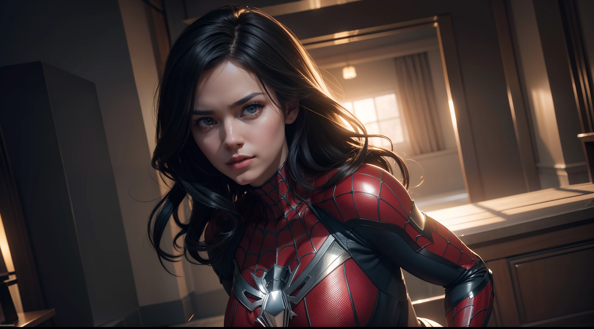 Spider-Woman (really big voluminous tits), CGI with clear focus, Photorealistic, high detail, Realistic, Masterpiece, absurdress, Best Quality, HDR, hiquality, hight resolution, Extremely detailed, 8k wallpaper, intricate details, 8K UHD, Full-HD, (foto realista:1.2), Contrast, sharp lighting, Cinematic lighting, natural lighting, hard light, Backlighting, Global Illumination, Environment Occlusion