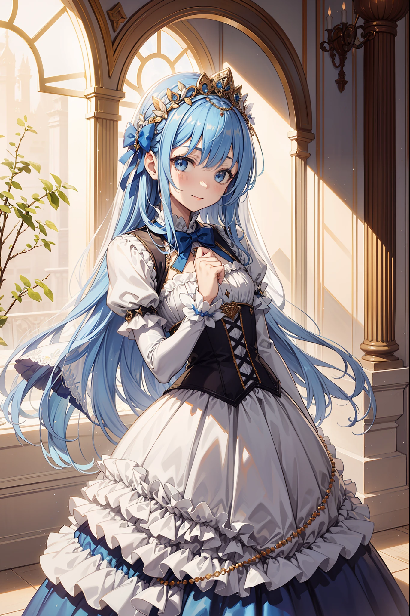 saints，Enchanted，having fun，Being in love，(White Victorian dress)，silber hair，eBlue eyes，Seductive pose,dark blue stripes，Ruffles，Lace，A small amount of color ramp，jewel embellishment，Floral decoration，Fabric headdress，Bow knot，exquisite costumes，A small amount of transparent clothing，inside in room，solo person，Dazzle