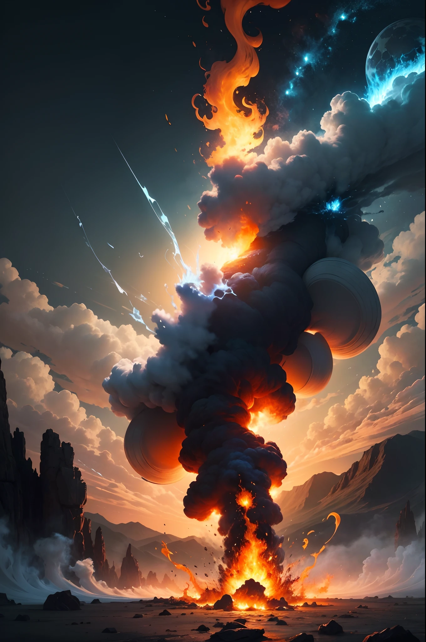 a close up of a cloud over a road with a sky background, mushroom cloud, mushroom cloud in the background, nuclear cloud, mushroom cloud on horizon, cloud vortex, nuclear mushroom cloud, voluminous clouds, huge nuclear mushroom cloud, large explosions, anime clouds, the explosion from akira, nuclear explosion background, bomb explosion, huge explosions, nuclear mushroom smoke