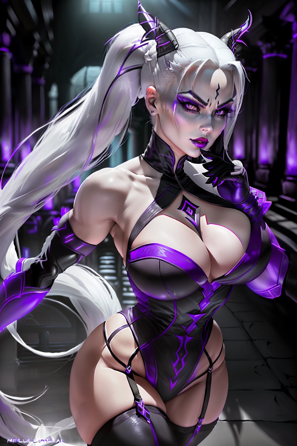 ((Sindel from mortal kombat series))(she has big glowing white eyes)(red lips) (very long straight white high pony tail hair)((very huge breasts)) (perfect slim body) (she wears purple outfit, long black gloves, long black stocking) (posing sexy inside dark temple) (high definition, volumetric lights and dinamic shadows)((masterpiece))(8k)(perfect face)(ultra details) (perfect hands, eyes, and face)