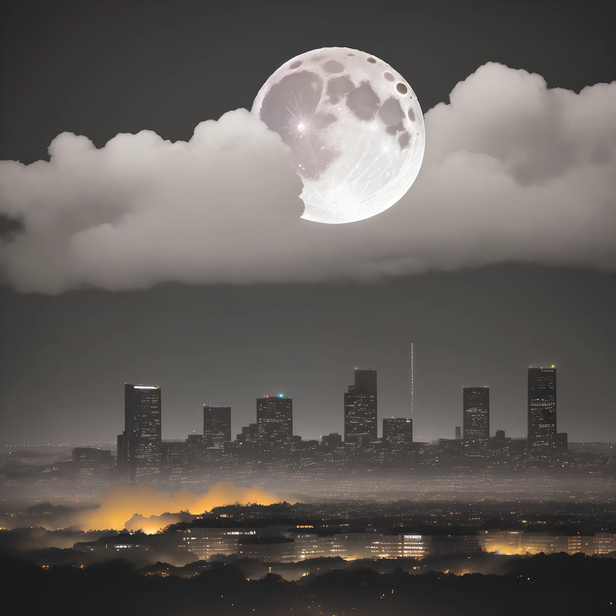 moon full，Colorful clouds surround the moon，City silhouette，The Moon occupies picture 1/2，Real Photographics，600mm，telephoto lenses，Aperture f22，Dreamy light and shadow，Defog，Fujifilm texture，City lights，fire works