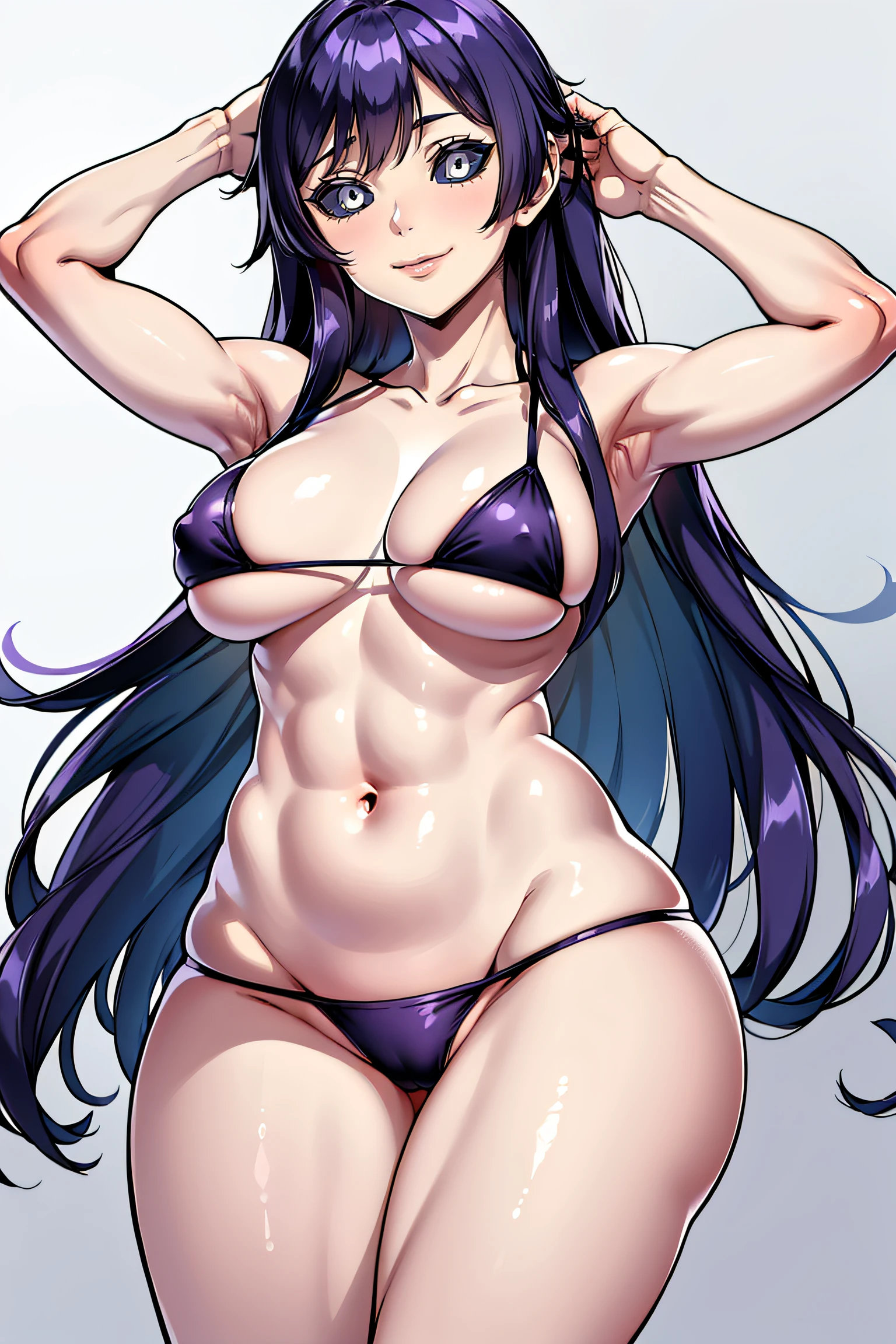 (Obra maestra, La mejor calidad, Ultra detallado), 1girl, KureKarura, ojos grises, purple hair, Cabello largo, Mirando al espectador,micro bikini, Parte superior del cuerpo