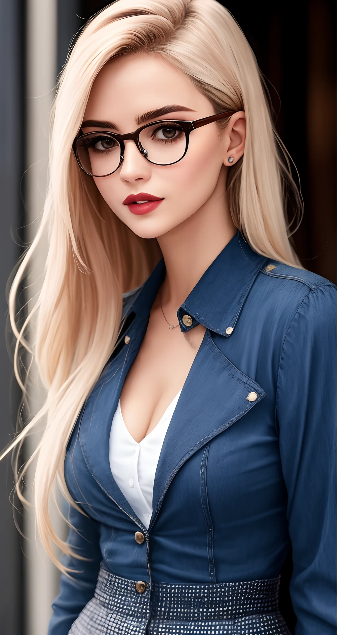 Descreva uma mulher de estatura baixa, com cabelos loiros cacheados que caem delicadamente pelos ombros. She is elegantly dressed and complements her look with a pair of glasses that enhances her expression. Her lips are naturally fleshy, giving a touch of sensuality to your appearance."