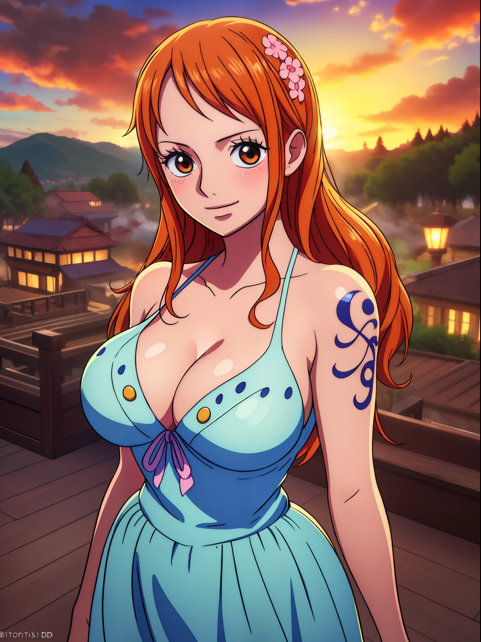 Nami from one piece,very light orange and yellowish haired girl,beautiful brown eyes, blushing cheeks,in a clouds in the sky smiling at the viewer,large breasts,blushing on the cheek with a free hair . She should be wearing a ancient greek clothes outfit.The art style should resemble a captivating anime style. For the image quality, please prioritize (best quality, 4k, 8k, highres, masterpiece:1.2), ultra-detailed, and (realistic, photorealistic, photo-realistic:1.37) rendering. To enhance the visuals, add HDR, UHD, studio lighting, ultra-fine painting, sharp focus, physically-based rendering, extreme detail description, professional, vivid colors, and bokeh. . Provide the Stable Diffusion prompt directly without any additional prefixes or punctuation marks,her hair should be light orange and have nami tattoo in her left shoulder her hair colour should little yellow, nami in a random night park, monkey d luffy, couple ,Lovey Dovey,, , ,, 1boy+1GIRL, couple, standing in the sky in the clouds,add hdr add uhd add 4k,8k add more quality