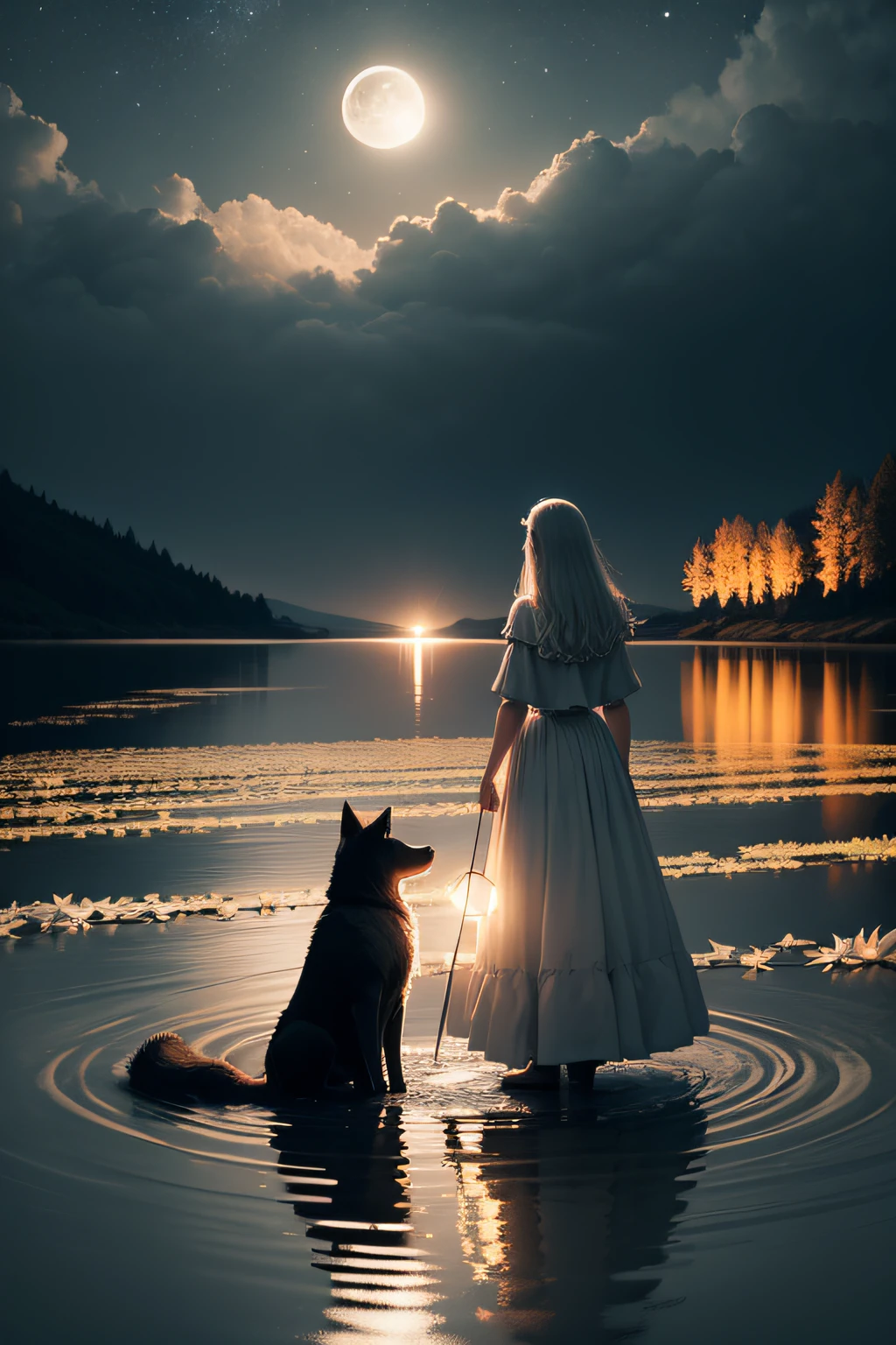 semente: 1365486256, A cena se passa em uma paisagem noturna e misteriosa, where the full moon shines brightly in the starry sky. On the edge of a quiet and serene lake, there is a wolf and a dog, uivando para a lua. The light of the moon casts a pale light on the path ahead, The surface of the lake is covered with lilies, The Moon reflects on the water, creating a path of flickering light towards the figures in the penumbra. Dark clouds float in the sky, Creating patterns of shadows and light. Estrelas brilham intensamente, but its light is obscured by the clouds, the Moon conveys a sense of mystery, intuition and transformation.