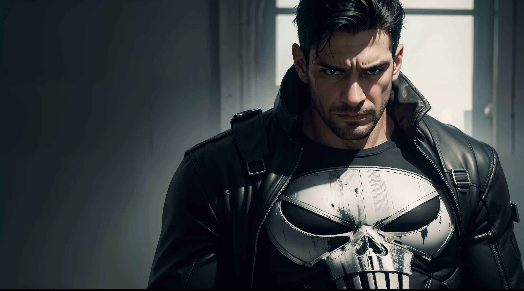 the Punisher, CGI with clear focus, Photorealistic, high detail, Realistic, Masterpiece, absurdress, Best Quality, HDR, hiquality, hight resolution, Extremely detailed, 8k wallpaper, intricate details, 8K UHD, Full-HD, (foto realista:1.2), Contrast, sharp lighting, Cinematic lighting, natural lighting, hard light, Backlighting, Global Illumination, Environment Occlusion