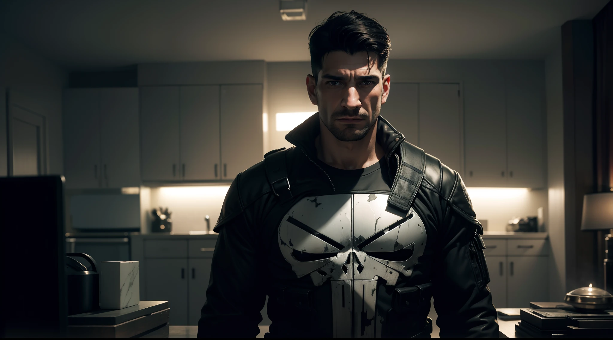 the Punisher, CGI with clear focus, Photorealistic, high detail, Realistic, Masterpiece, absurdress, Best Quality, HDR, hiquality, hight resolution, Extremely detailed, 8k wallpaper, intricate details, 8K UHD, Full-HD, (foto realista:1.2), Contrast, sharp lighting, Cinematic lighting, natural lighting, hard light, Backlighting, Global Illumination, Environment Occlusion