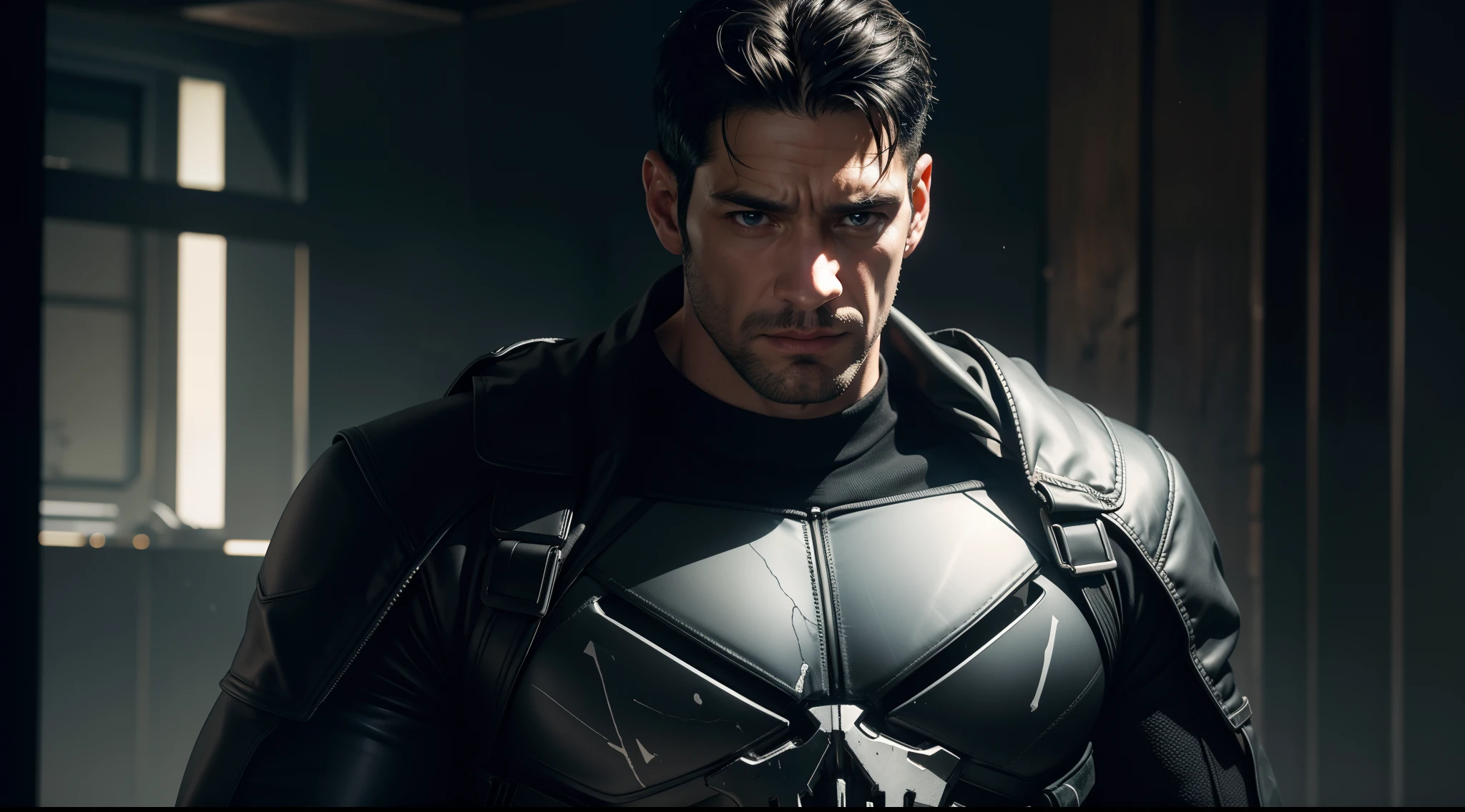 the Punisher, CGI with clear focus, Photorealistic, high detail, Realistic, Masterpiece, absurdress, Best Quality, HDR, hiquality, hight resolution, Extremely detailed, 8k wallpaper, intricate details, 8K UHD, Full-HD, (foto realista:1.2), Contrast, sharp lighting, Cinematic lighting, natural lighting, hard light, Backlighting, Global Illumination, Environment Occlusion