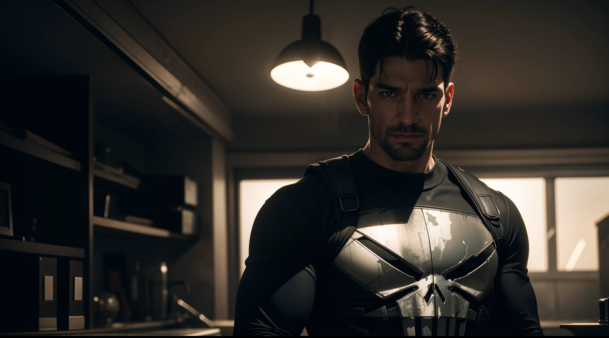 the Punisher, CGI with clear focus, Photorealistic, high detail, Realistic, Masterpiece, absurdress, Best Quality, HDR, hiquality, hight resolution, Extremely detailed, 8k wallpaper, intricate details, 8K UHD, Full-HD, (foto realista:1.2), Contrast, sharp lighting, Cinematic lighting, natural lighting, hard light, Backlighting, Global Illumination, Environment Occlusion