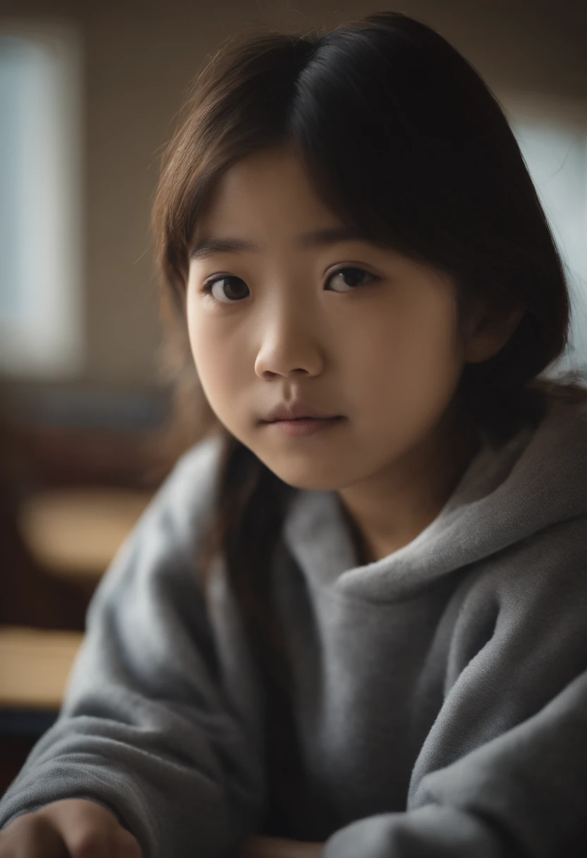 sweet japanese girl, round face and doll like features, short, baby faced, young looking, in sweatshirt, at school