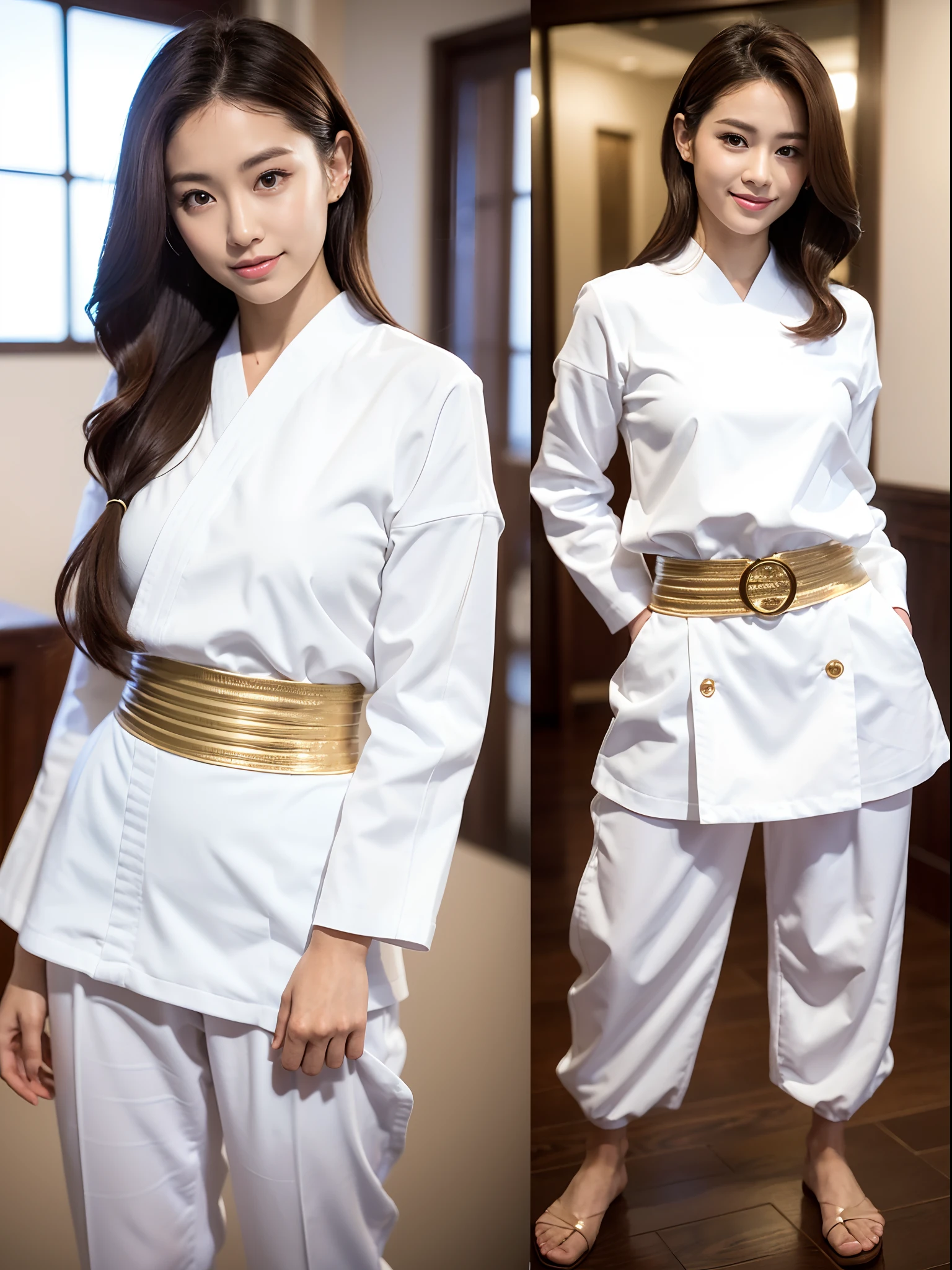(Photorealsitic)Beautuful Women, (8K Beauty Full Body Portrait), Stand alone, White karate uniform with no stomach visible, White karate pants, 17 age, Perfect facial detail, attractive beautiful face, 二重まぶた, Beautiful detailed eyes, long eyeslashes, (Smile: 1.15), ligh brown hair, Hair that does not fall on the shoulders, TOKYOcty,1 female, Toned waist, Beautiful thin legs, toned ankles, bare-legged ,