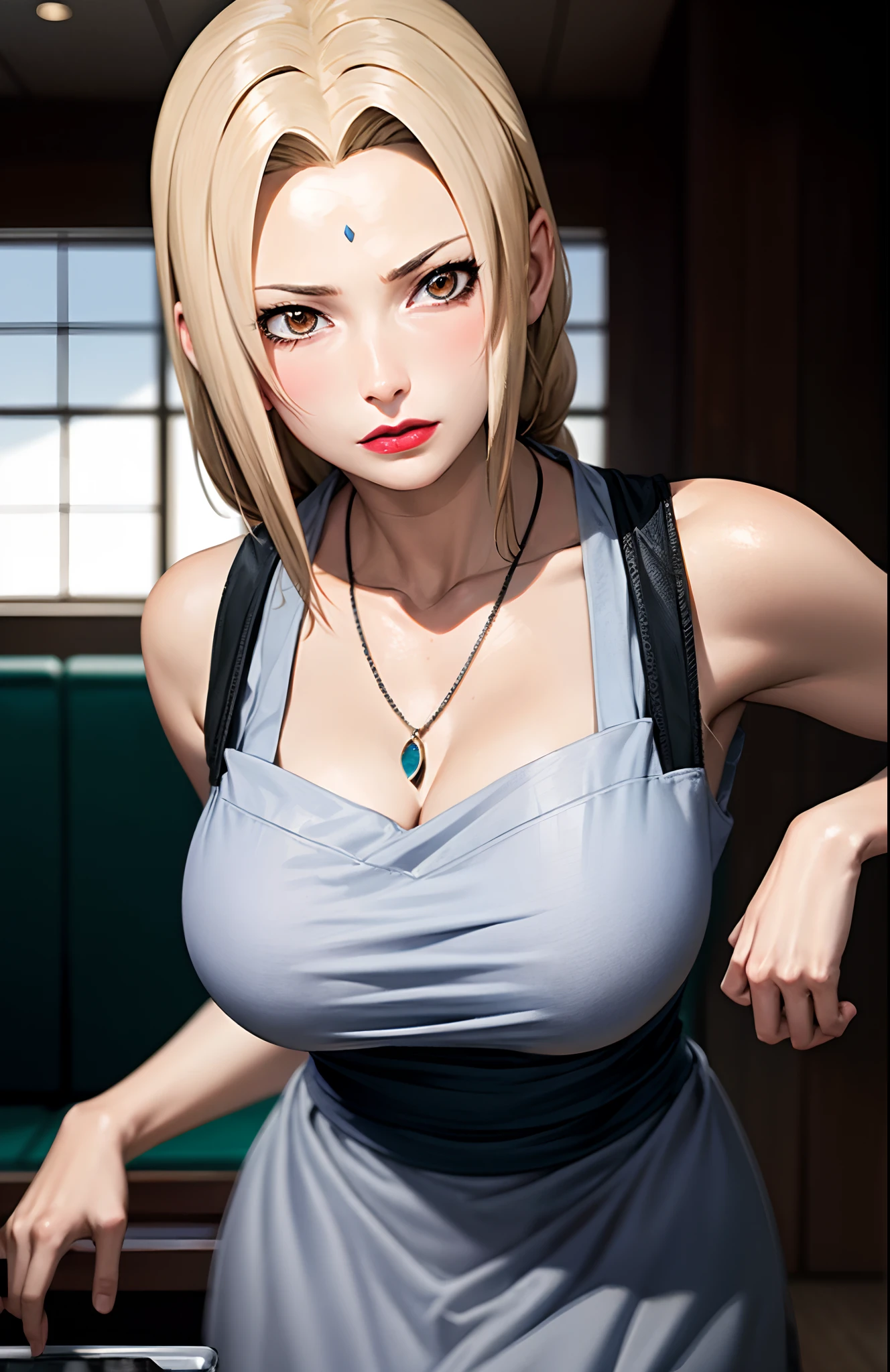 tsunade, large breasts, cleavage, collarbone,((short green skirt jacket expose bra)), (tsun necklace), mature woman, Seductive expression, looking at viewer, konohavillage, night time, (insanely detailed, beautiful detailed face, masterpiece, beautiful detailed eyes, best quality), huge breasts, ((seductive smile)), ultra high res,4K,ultra-detailed, photography, 8K, HDR, highres, (absurdres:1.2), Kodak portra 400, film grain, blurry background, (bokeh:1.2), lens flare, (vibrant_color:1.2),professional photograph, (beautiful_face:1.5), ,(((pov 1.3))),((((Breasts squeezed together)))), lying on bed show panties and lace stockings open green top show bra, ((spread her legs)) ((pink bra and panties)) in kitchen sitting on table