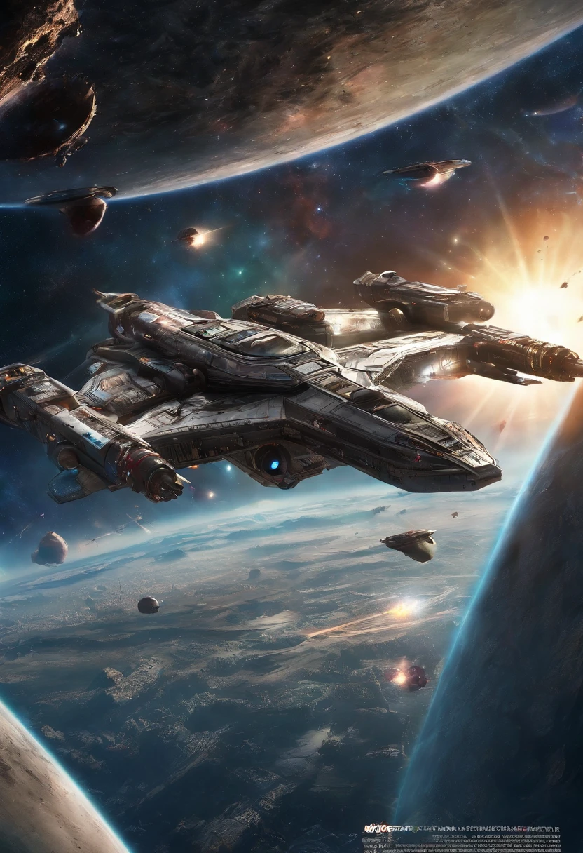 Starship，Numerous starfighters，Laser cannon，laser，Psychedelic outer space，Fight with UFOs，Alien battle，