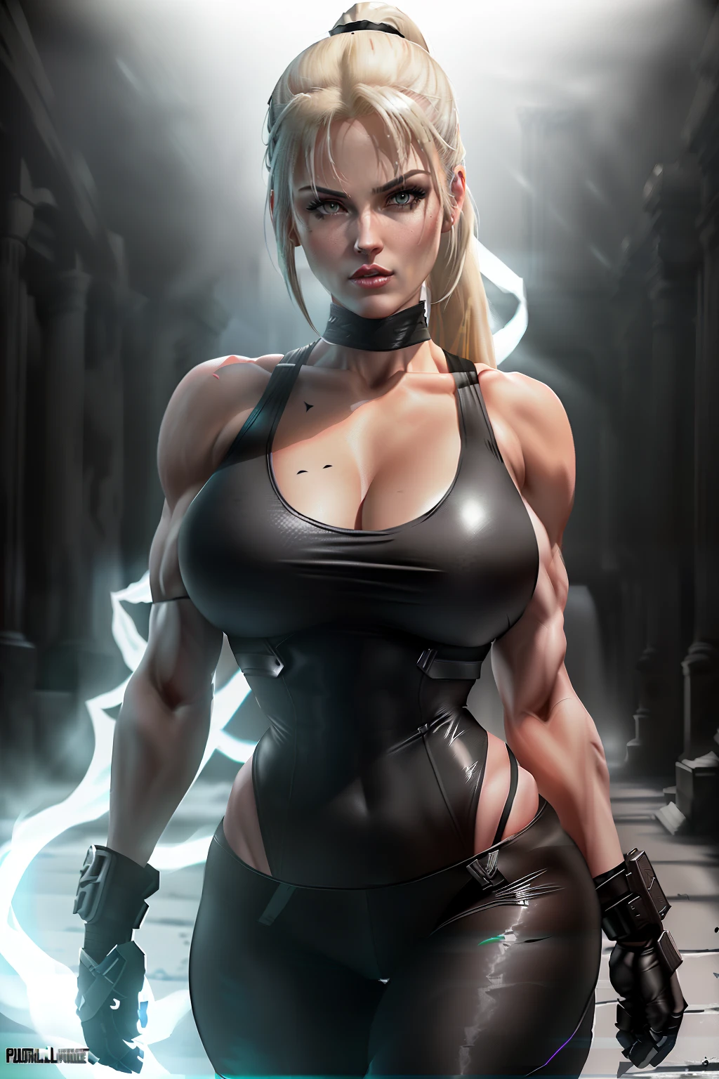 ((Sonya blade from mortal kombat series))(she has big glowing white eyes)(red lips) (very long straight blonde high pony tail hair)((very huge breasts)) (perfect slim body) (wears white tank top, black gloves, low cut camouflage pants) (inside dark temple) (high definition, volumetric lights and dinamic shadows)((masterpiece))(8k)(perfect face)(ultra details) (perfect hands, eyes, and face)