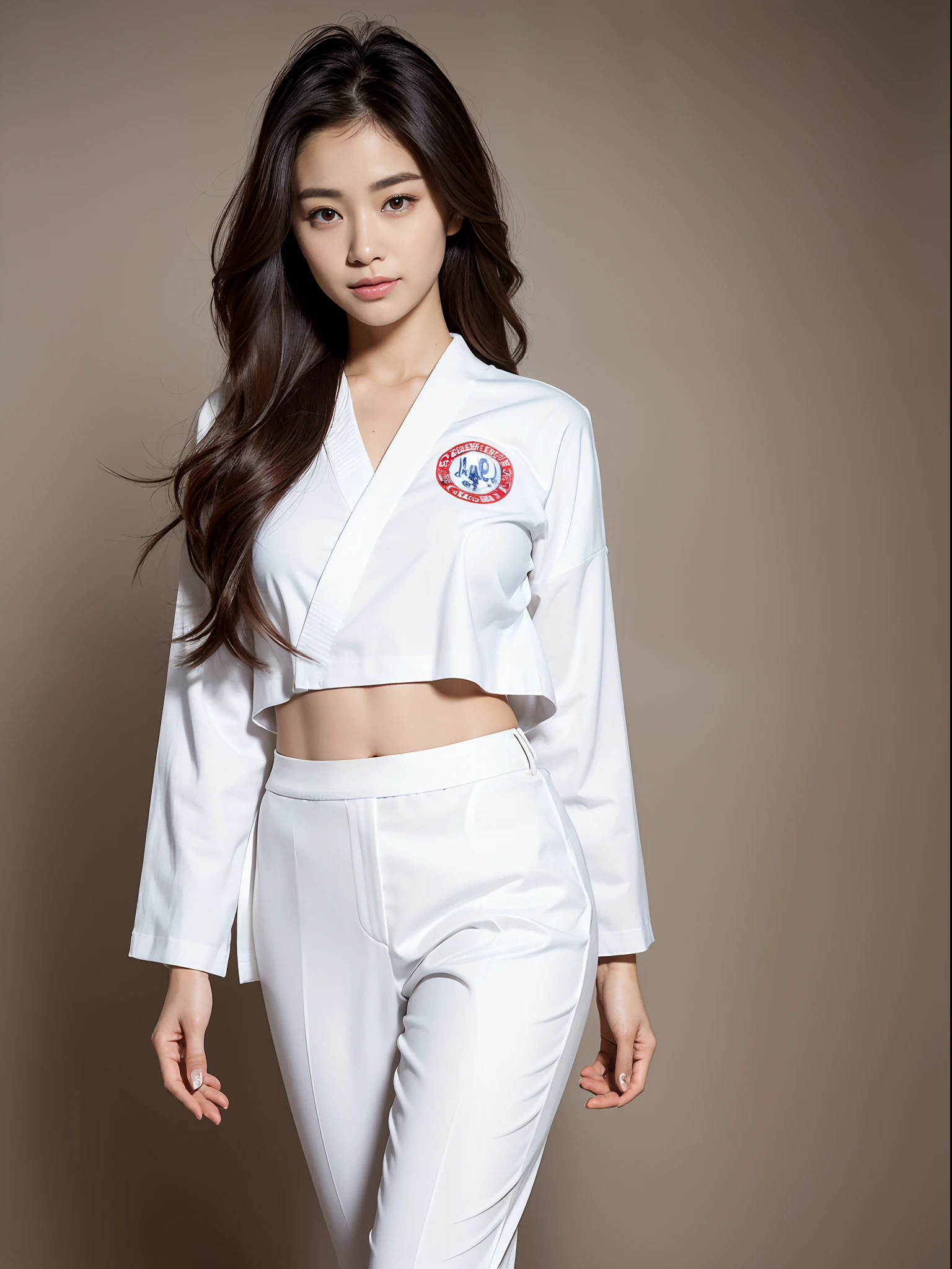(Photorealsitic)Beautuful Women, (8K Beauty Full Body Portrait), Stand alone, White karate uniform with no stomach visible, White karate pants, , Perfect facial detail, attractive beautiful face, 二重まぶた, Beautiful detailed eyes, long eyeslashes, (Smile: 1.15), ligh brown hair, Hair that does not fall on the shoulders, TOKYOcty,1 female, Toned waist, Beautiful thin legs, toned ankles, bare-legged ,