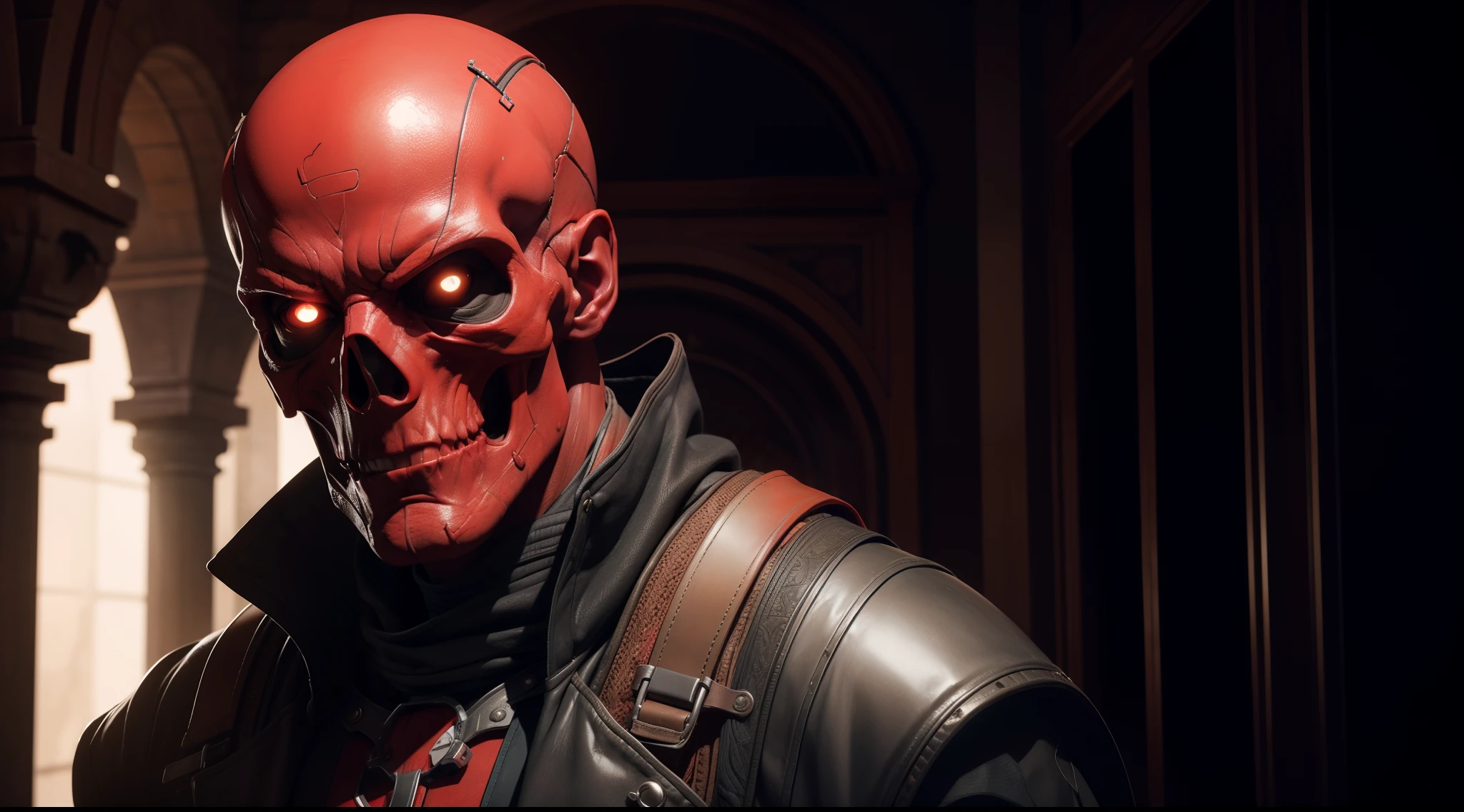 Red Skull, CGI with clear focus, Photorealistic, high detail, Realistic, Masterpiece, absurdress, Best Quality, HDR, hiquality, hight resolution, Extremely detailed, 8k wallpaper, intricate details, 8K UHD, Full-HD, (foto realista:1.2), Contrast, sharp lighting, Cinematic lighting, natural lighting, hard light, Backlighting, Global Illumination, Environment Occlusion