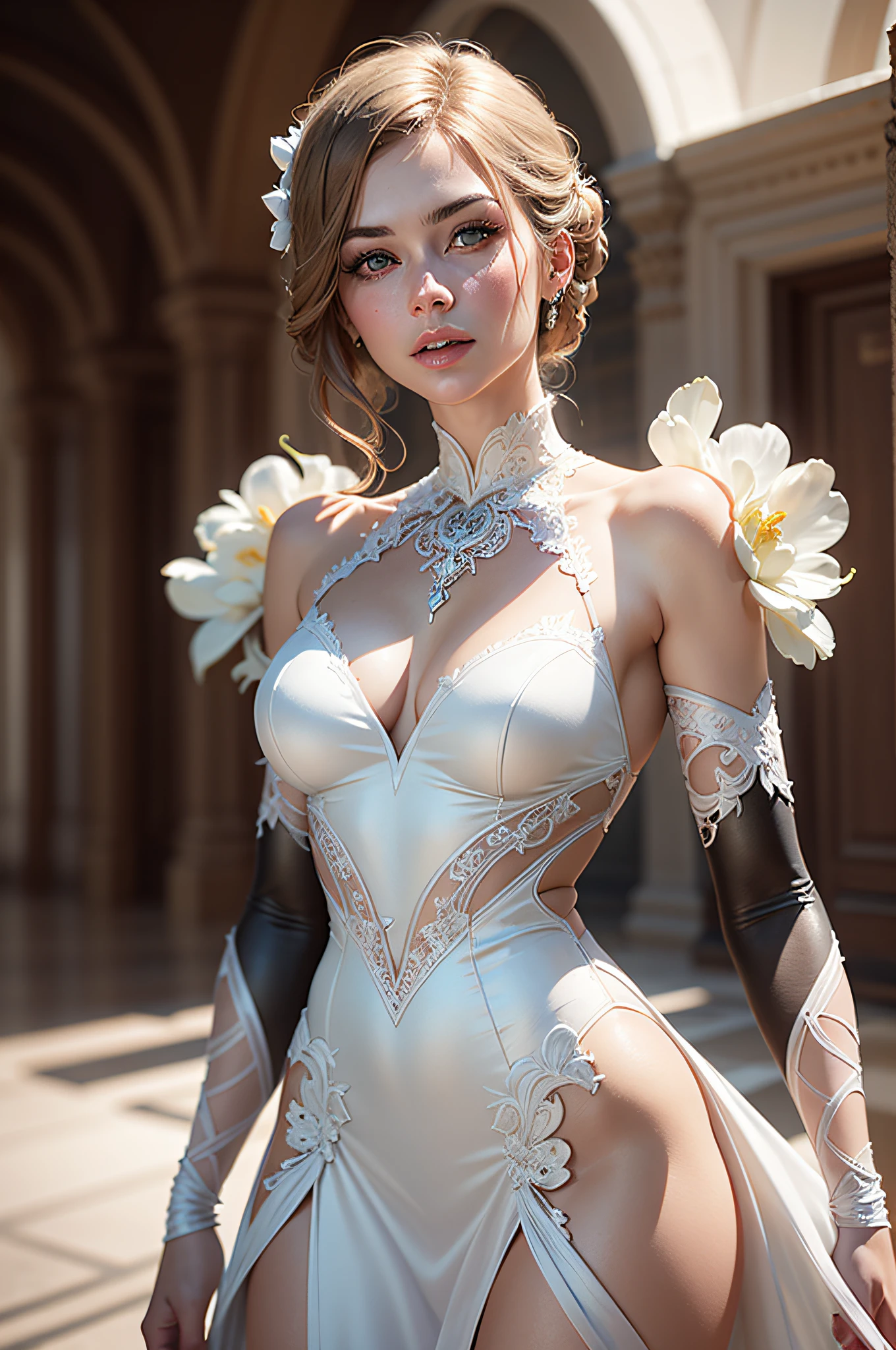 beautiful  android Rosamund Pike render, wearing wet white intricate minidress with midline cut, ultra realistic, concept art, intricate details, highly detailed, photorealistic, octane render, 8 k, unreal engine. art by Mark Seliger and Alessio Albi floral_prom_dress wearing see trough dress