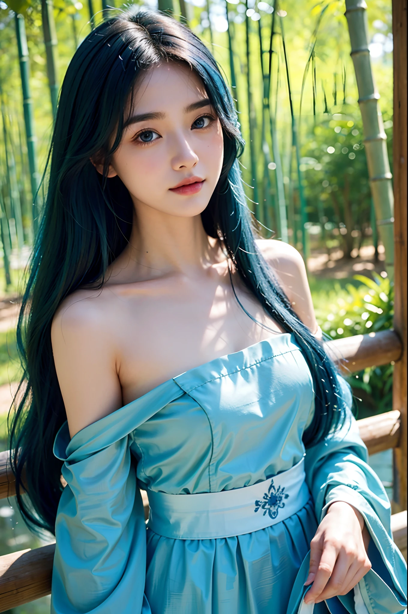 masterpiece, best quality, 8k, Very detailed, 1 girl, blue hair, long-haired, detailed eyes, Gump Forest, Bare shoulders, hanfu, lakes, Soft smile, bamboo, close up face,