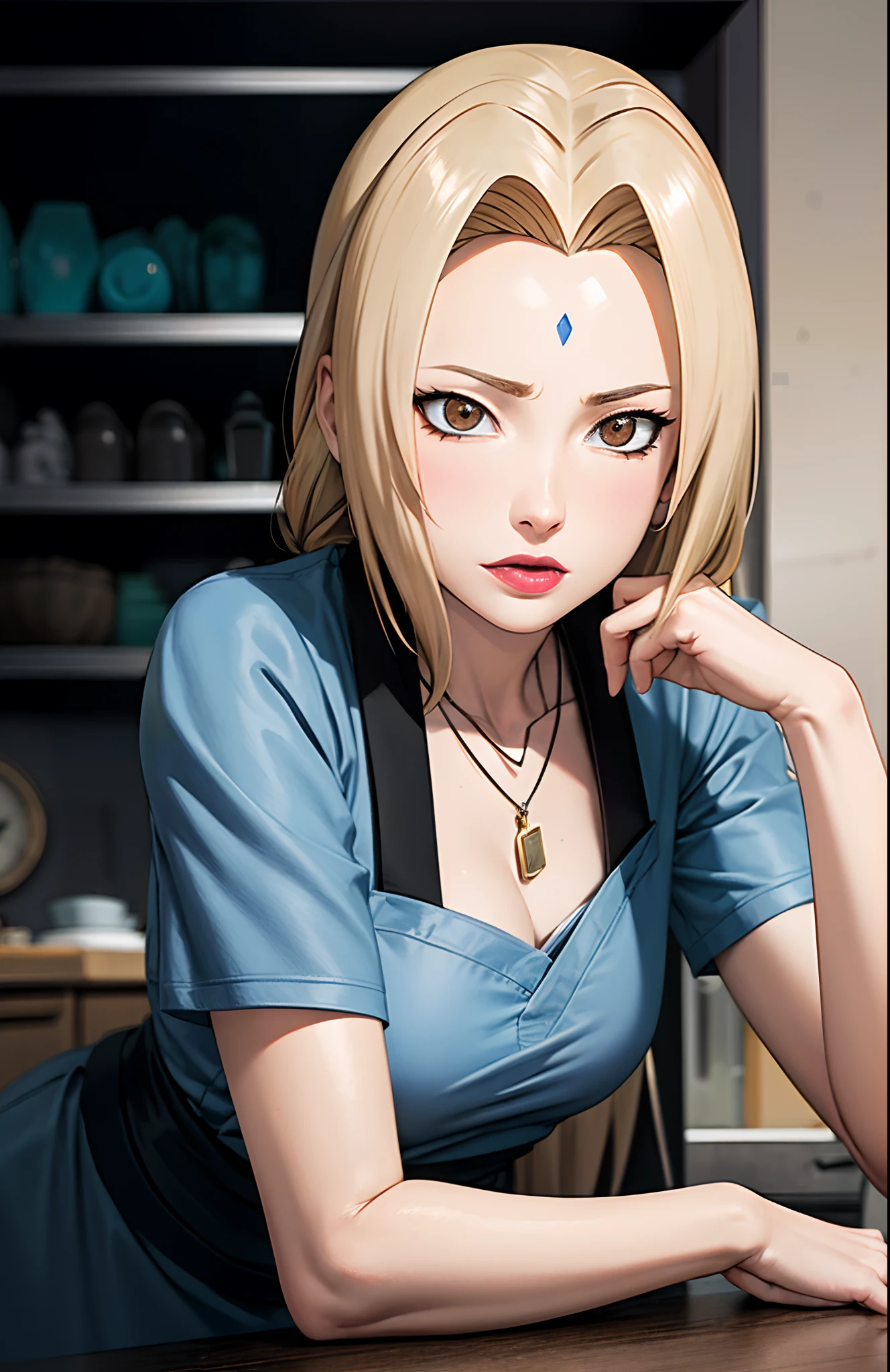 Good anatomy, Masterpiece, Best quality, 4K, 8K, Professional photography, Soft light, Sharp focus, kitchens, 1 girl, Blonde hair, Tong，Lace black apron，Blonde hair, Bank spin-offs, Detailed face+Brown eyes, Enchanted, The face is flushed，Stick out your tongue, lipstick, Desire for dissatisfaction，Raised sexy，Eyes are confused，necklace, Bend over and possess，Chest down，French twist braid before，