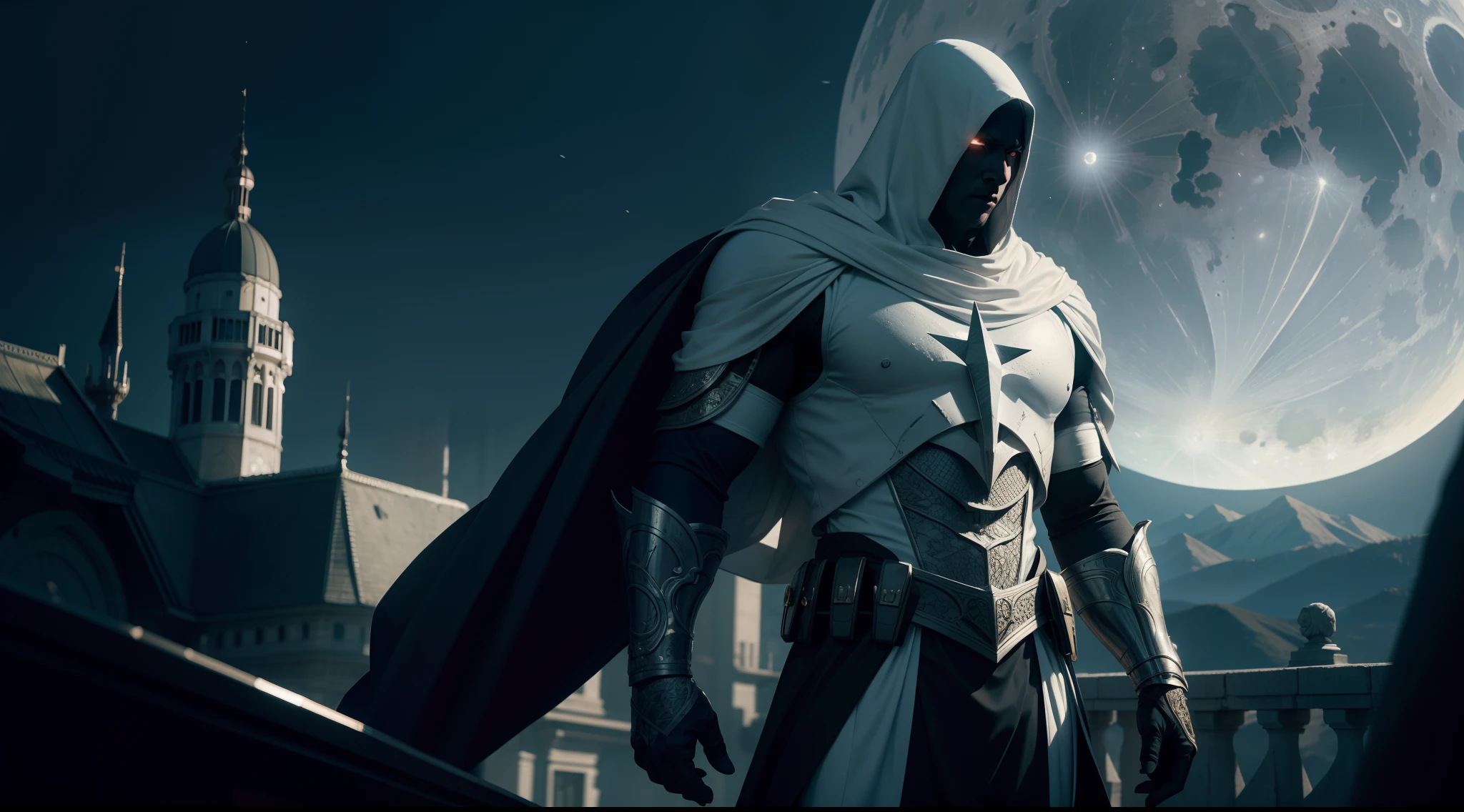 Moon Knight, CGI with clear focus, Photorealistic, high detail, Realistic, Masterpiece, absurdress, Best Quality, HDR, hiquality, hight resolution, Extremely detailed, 8k wallpaper, intricate details, 8K UHD, Full-HD, (foto realista:1.2), Contrast, sharp lighting, Cinematic lighting, natural lighting, hard light, Backlighting, Global Illumination, Environment Occlusion