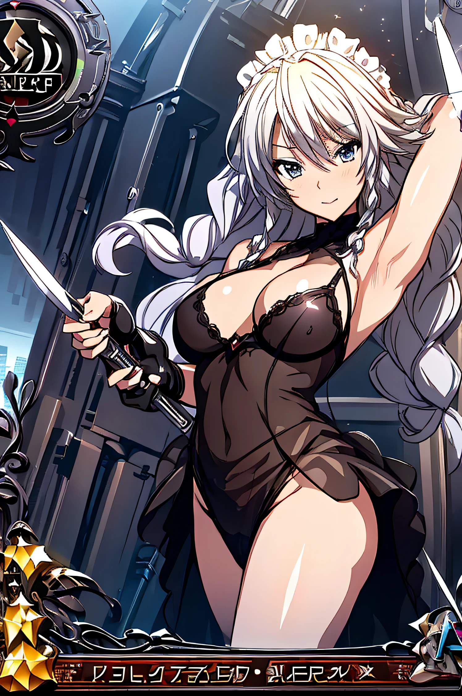 A woman wearing lingerie, sleeveless, long hair, flying, wielding daggers, no cape, no mask, dynamic pose, 3d, (8k), detailed texture,(hyperdetailed), (photo realistic), cinematic light, cinematic action, highly detailed, realistic, Isometric, full body, in frame, driven expression, dark theme, (extremely detailed eyes), detailed symmetric realistic face, extremely detailed natural texture, masterpiece, extremely detailed, amazing, fine detail, rich colors, hyper realistic lifelike texture, dramatic lighting, unreal engine, trending on art station, photo realistic, RAW photo, high quality, high res, sharp focus, extremely detailed, cinematic lighting, 8k, high definition, cinematic, neoprene, unreal engine 5, ultra sharp focus