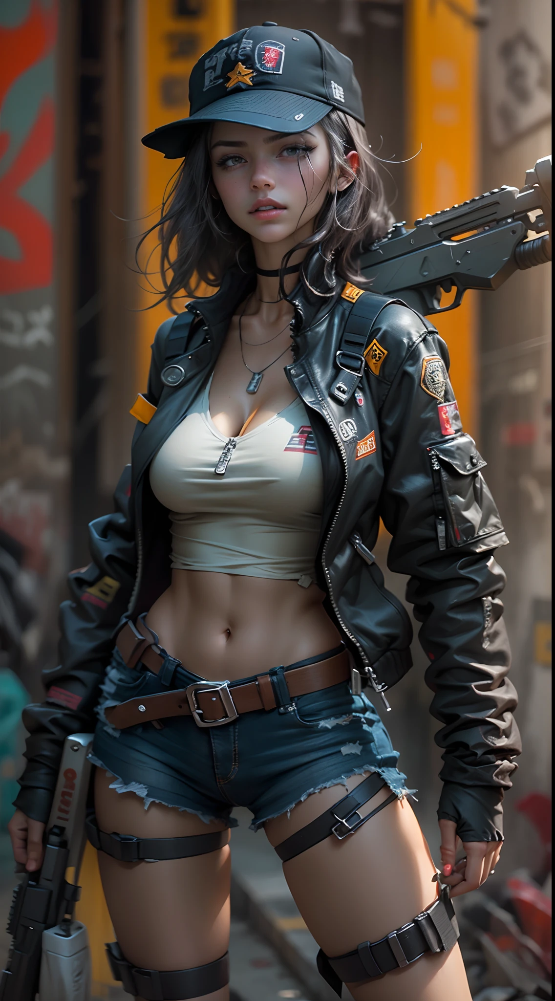 motor irreal:1.4,CG ultra realista 64K, fotorrealista:1.4, textura de la piel:1.4, obra maestra:1.4,Hermosa mujer con sombrero de pelo largo、holding gun, ak-47, assault rifle, kalashnikov rifle, trigger_discipline, low-readyRopa corta estilo cyberpunk color amarillo, pantimedias red , mini skirt blue,