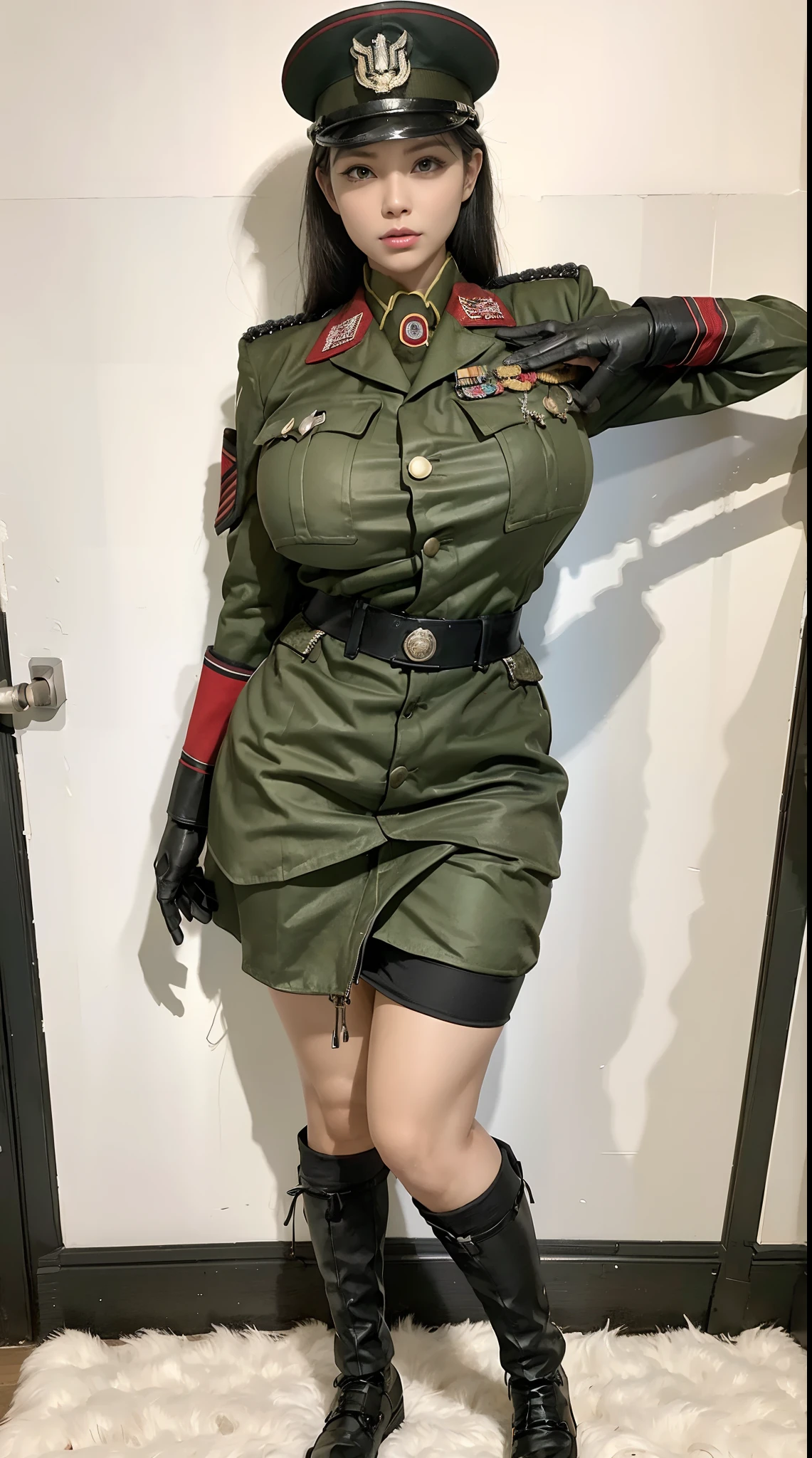physically-based rendering, 1girl, Female soldier, (cleavage,huge fake breasts:1.3), pale skin, wet sexy muscular body, slim waist, (big buttocks:1.2), (Full body:1.5), army suit, Dark green military uniform.