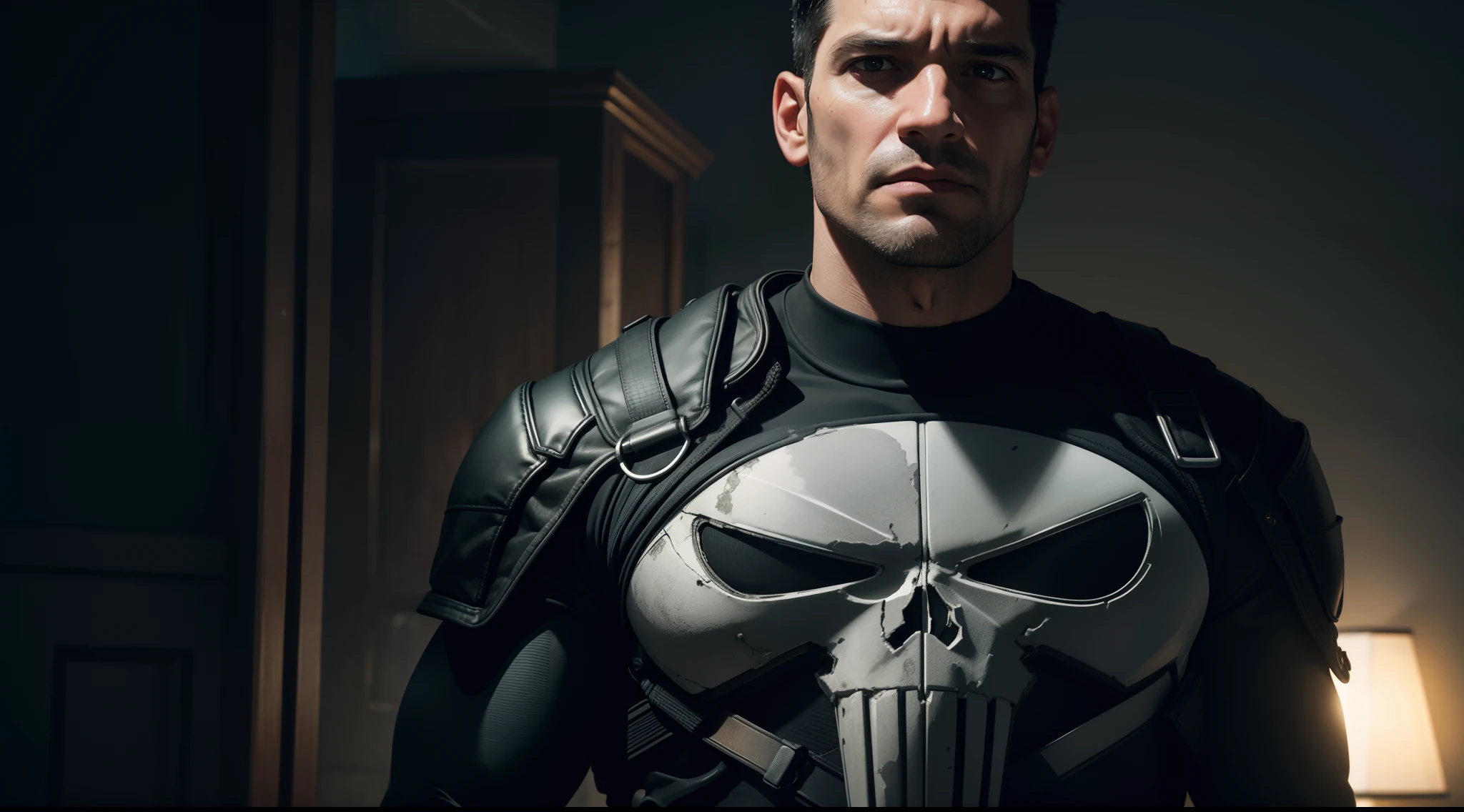 the Punisher, CGI with clear focus, Photorealistic, high detail, Realistic, Masterpiece, absurdress, Best Quality, HDR, hiquality, hight resolution, Extremely detailed, 8k wallpaper, intricate details, 8K UHD, Full-HD, (foto realista:1.2), Contrast, sharp lighting, Cinematic lighting, natural lighting, hard light, Backlighting, Global Illumination, Environment Occlusion