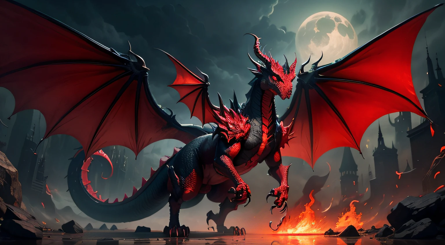 Dragon in burning a medieval city with he fire breath, high detailed