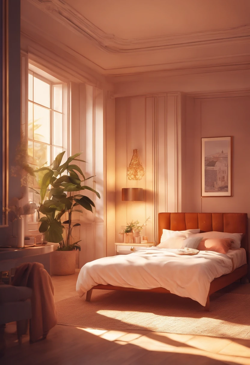 crie um cenario de um dormitorio feminino com cama e toalha, janela, luz do sol, estilo anime, desenho vetorial