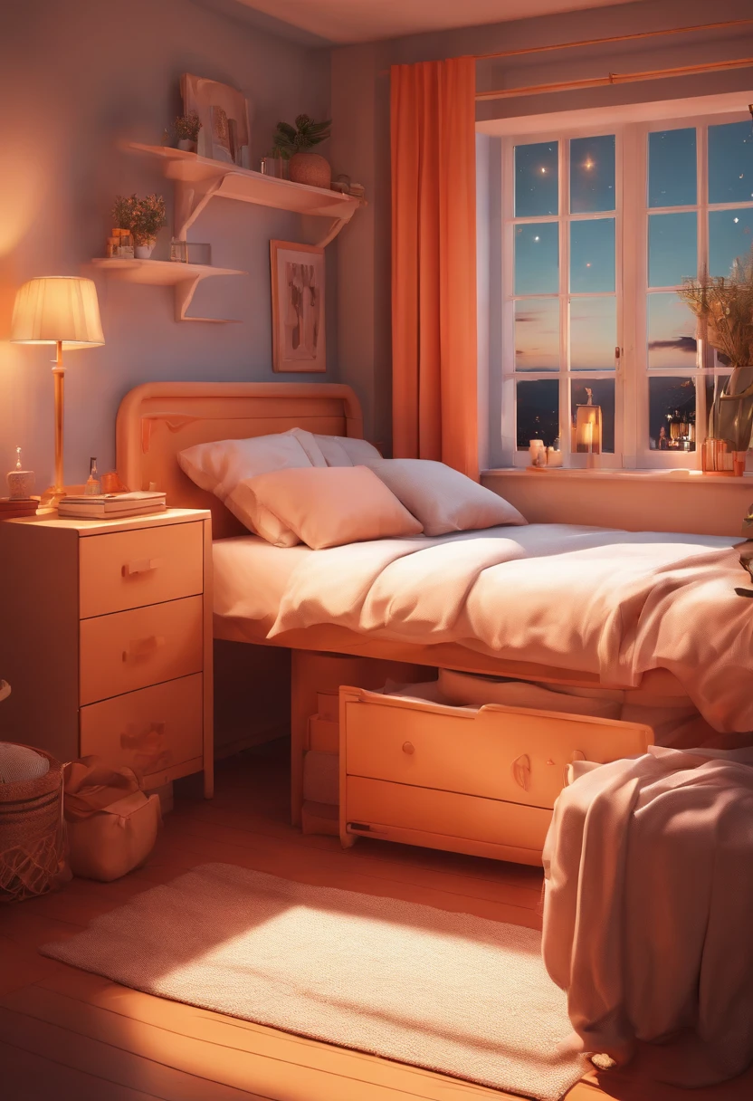 crie um cenario de um dormitorio feminino com cama e toalha, janela, luz do sol, estilo anime, desenho vetorial