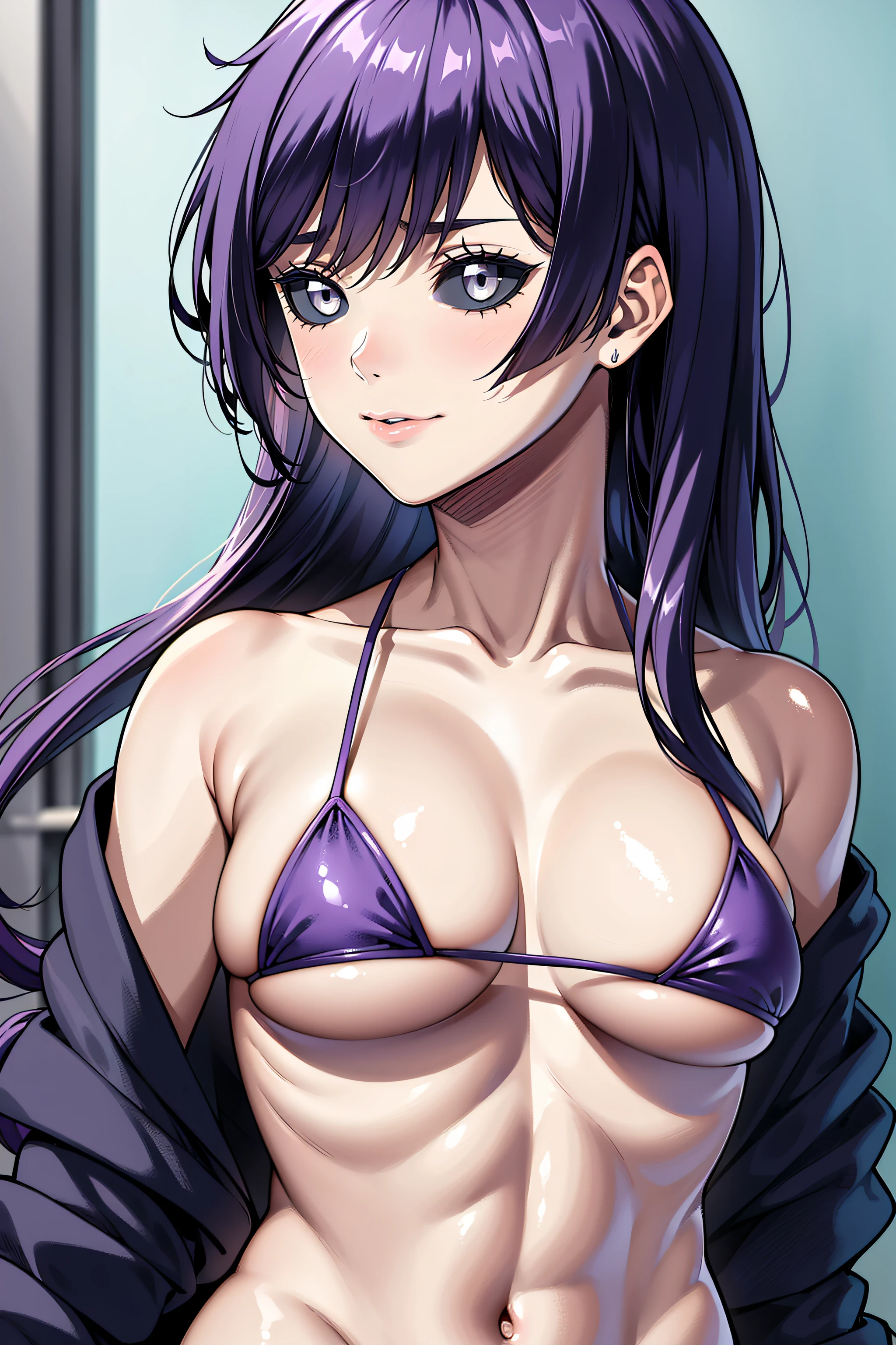 (Obra maestra, La mejor calidad, Ultra detallado), 1girl, KureKarura, ojos grises, purple hair, Cabello largo, Mirando al espectador,micro bikini, Parte superior del cuerpo