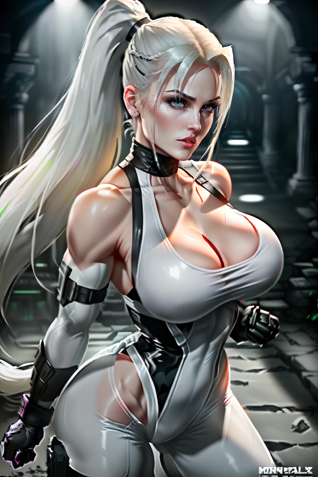 ((Sonya blade from mortal kombat series))(she has big glowing white eyes)(red lips) (very long straight blonde high pony tail hair)((very huge breasts)) (perfect slim body) (wears white bodysuit, black gloves, low cut camouflage pants) (inside dark temple) (high definition, volumetric lights and dinamic shadows)((masterpiece))(8k)(perfect face)(ultra details) (perfect hands, eyes, and face)