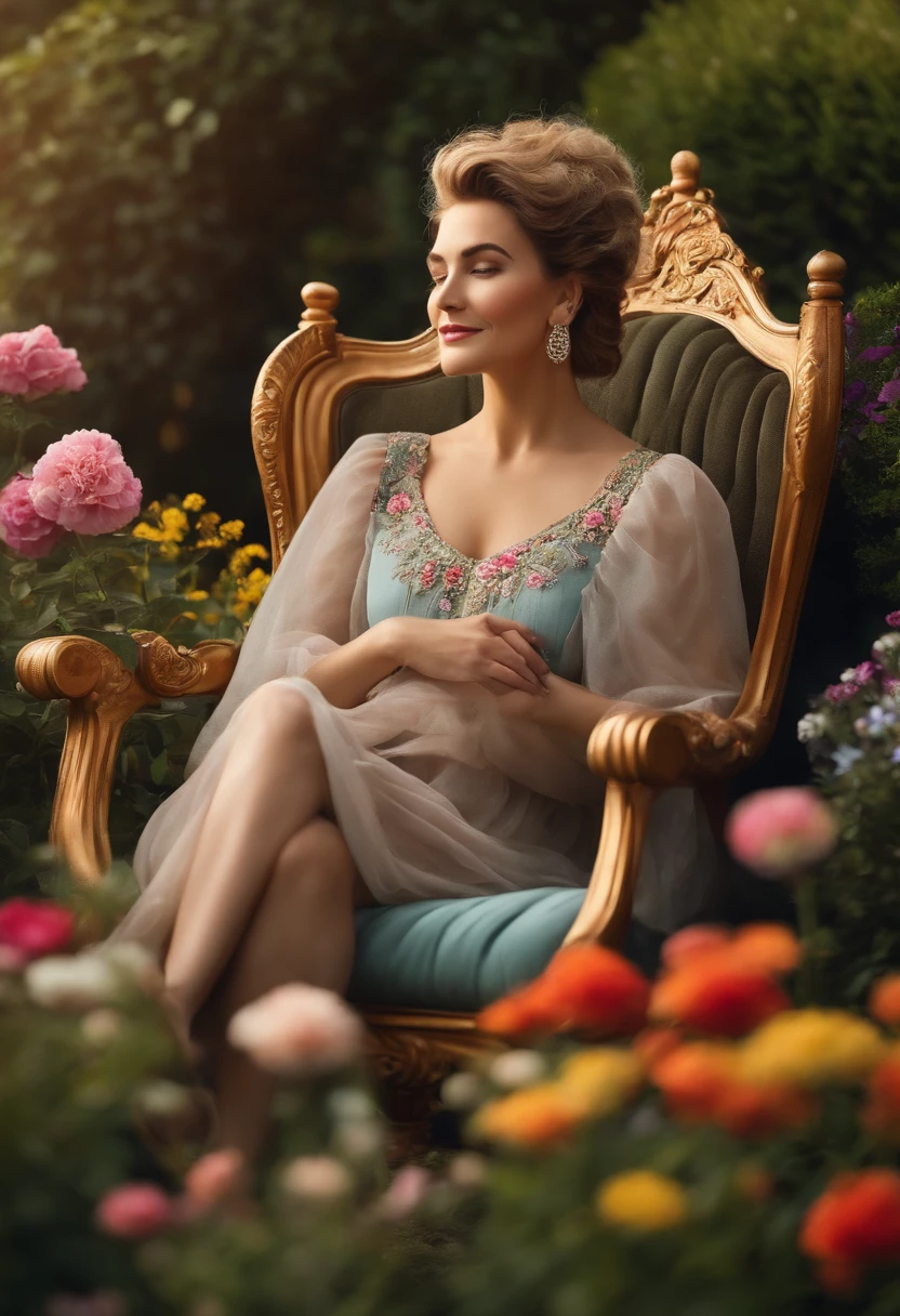 A happy, big-nosed woman is sitting in a comfortable ornate chair surrounded by flowers in a garden