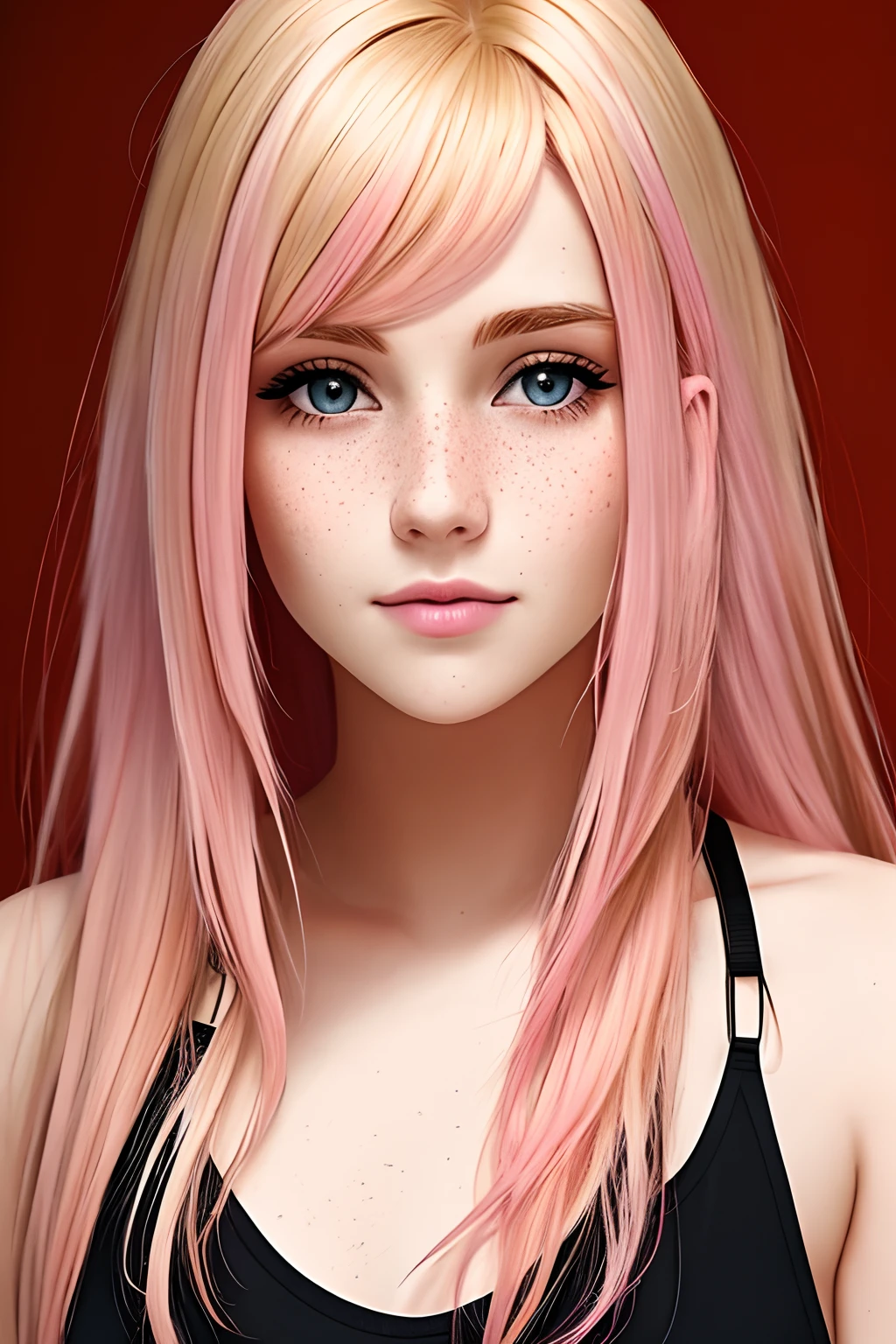 Young adult with blonde and pink hair, long hair,she has freckles, she has scars on her face,