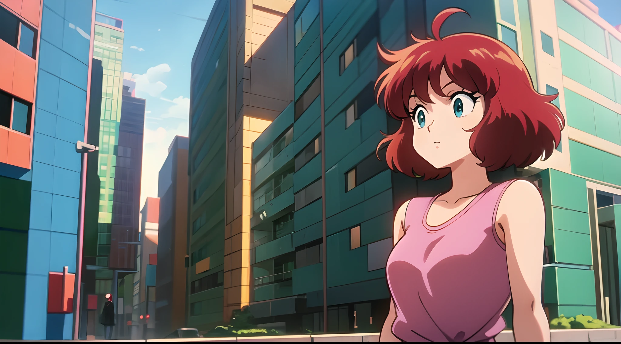 a woman with red hair and a green shirt in front of a building at night, menina lofi, 8 0 s vibe anime, anime vibes, Digital anime illustration, retro anime girl, menina anime sedutora, Elogio Artstyle, no estilo de arte do anime 8 0 s, estilo anime. 8k, arte digital do anime cyberpunk, estilo anime 4K.