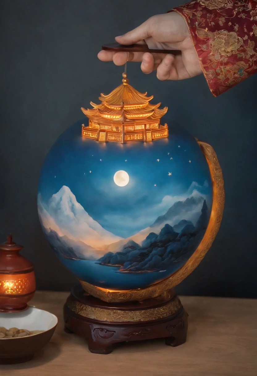 ((Ancient Chinese landscapes))，Mid-Autumn Festival，moon full，Glowing moon，A garden overgrown with osmanthus and bamboo forests，1 girl sitting on the ground，Happy blue and white porcelain cup，Look up at the moon，On the table in front of him were drinks and crystal mooncakes，Auspicious clouds，Clouds，White clouds，blue backdrop，palaces，Moon，(A complete painting），（Extremely detailed picture），（light and shadow effect），（Movie lighting），（cinema4d），（Light particle tracing），（rendering by octane），（Layered artistic effects），（Best Painting），（Master painting）,(8K分辨率)，(photorealestic，realisticlying，tmasterpiece，anatomy correct，Accurate and perfect japanese girl face，1.4x realism，hyper HD)