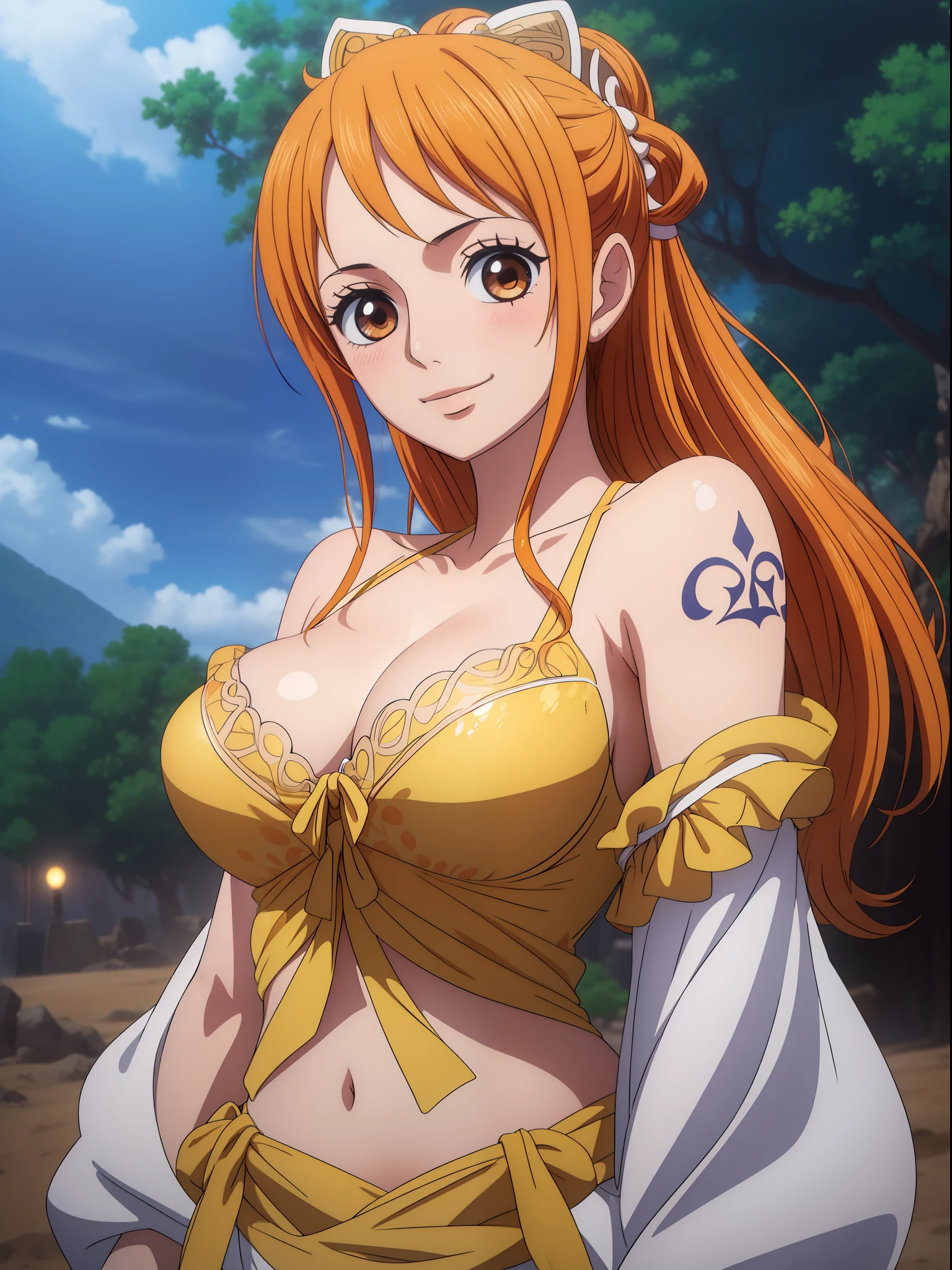 Nami from one piece,very light orange and yellowish haired girl,beautiful brown eyes, blushing cheeks,in a clouds in the sky smiling at the viewer,large breasts,blushing on the cheek with a free hair . She should be wearing a ancient greek clothes outfit.The art style should resemble a captivating anime style. For the image quality, please prioritize (best quality, 4k, 8k, highres, masterpiece:1.2), ultra-detailed, and (realistic, photorealistic, photo-realistic:1.37) rendering. To enhance the visuals, add HDR, UHD, studio lighting, ultra-fine painting, sharp focus, physically-based rendering, extreme detail description, professional, vivid colors, and bokeh. . Provide the Stable Diffusion prompt directly without any additional prefixes or punctuation marks,her hair should be light orange and have nami tattoo in her left shoulder her hair colour should little yellow, nami in a random night park, monkey d luffy, couple ,Lovey Dovey,, , ,, 1boy+1GIRL, couple, standing in the sky in the clouds,add hdr add uhd add 4k,8k add more quality