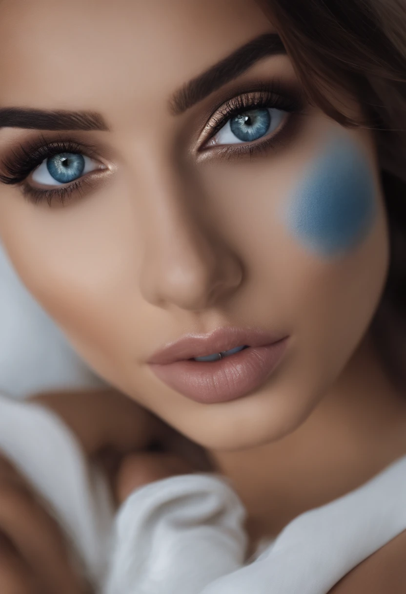 Arafed Mujer totalmente , Chica sexy con ojos azules, ultra realista, meticulosamente detallado, Retrato Sophie Mudd, cabello rubio y ojos grandes, selfie de una mujer joven, Ojos del dormitorio, Violeta Myers, sin maquillaje, Maquillaje natural, staring directly into camera, cara con artgram, maquillaje sutil, Impresionante foto de cuerpo completo arrodillado en la cama, En el dormitorio, Medium to large size bust