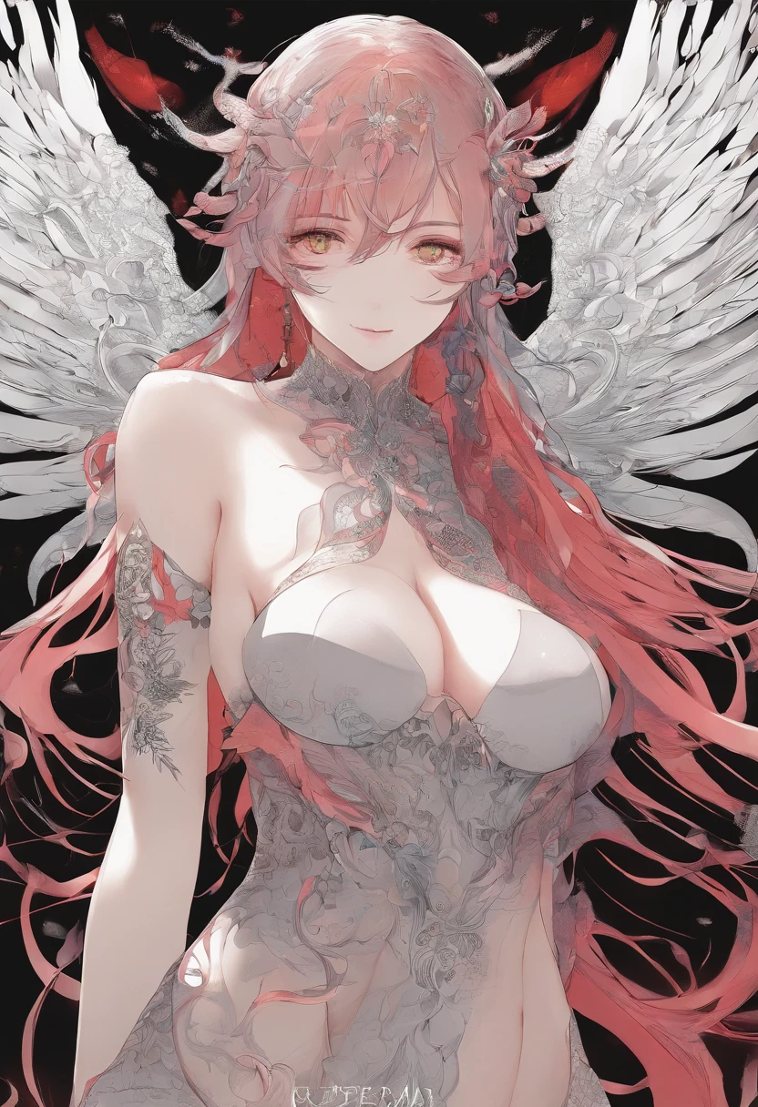 absurdos, Altas, ultra detalhado, 1girl, delineador, olhos vermelhos brilhantes, seios pequenos, boob lateral, cinturas estreitas, detalhes dourados, bareshoulders, clivagem, demon wings, Chifres, tatuagem, fundo do detalhe, fireMagicAI, circunstanciado, intrincado,