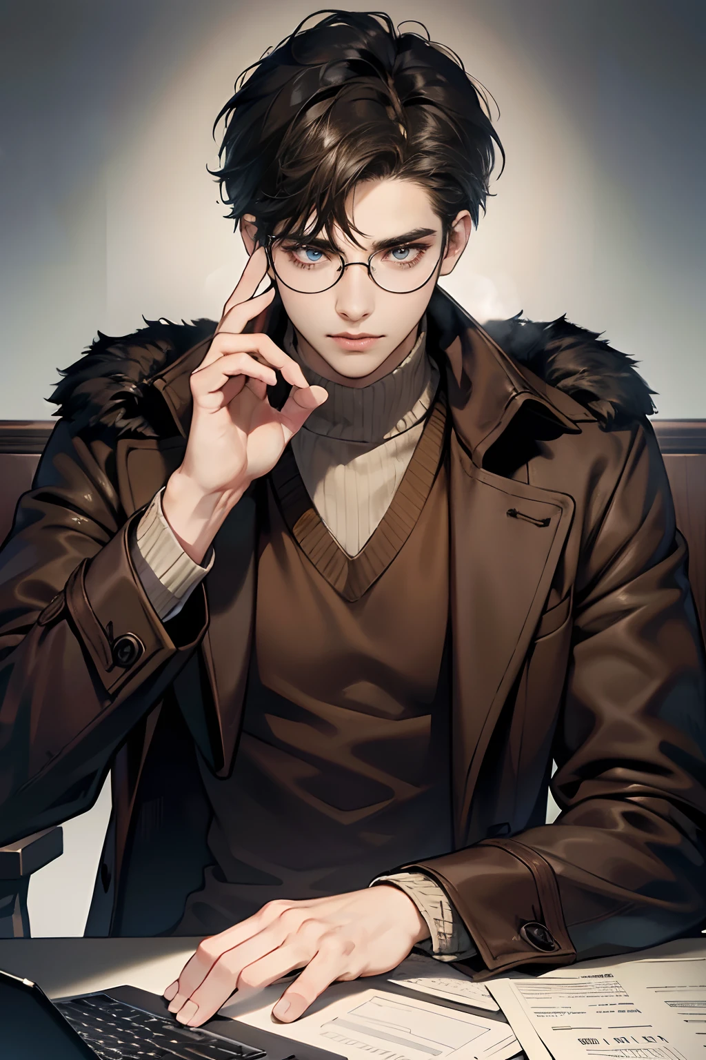 (tmasterpiece, high resolution, ultra - detailed:1.0), (1 boy, Young male), Eyes looking to camera, Perfect male body, Extremely detailed CG, 8K wallpaper, Complicated details, solo person, Detailed face,(Black hair, brown coat,brown sweater, Glasses, Sit in front of laptop), color difference, Depth of field, dramatic shadow, Ray tracing, Best quality, Cinematic lighting, offcial art