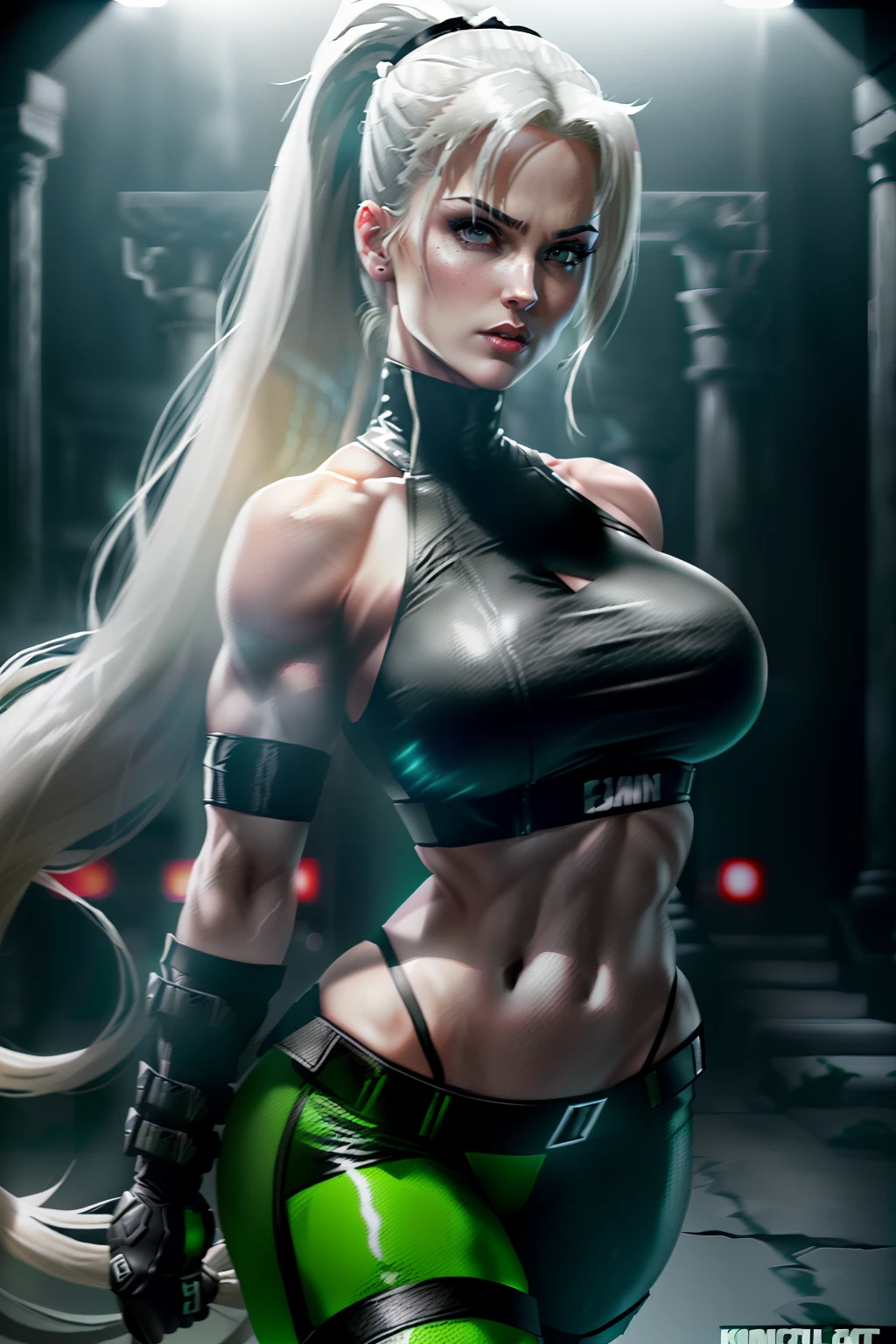 ((Sonya blade from mortal kombat series))(she has big glowing white eyes)(red lips) (very long straight blonde high pony tail hair)((very huge breasts)) (perfect slim body) (she wears white mini ttank top, anblack gloves, green camouflage liw cut pants) (inside dark temple) (high definition, volumetric lights and dinamic shadows)((masterpiece))(8k)(perfect face)(ultra details) (perfect hands, eyes, and face)