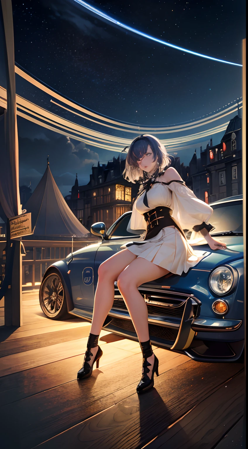 Heath Robinson, Anne Anderson, Kate Gr, Arthur Rackham, Jean Giraud, Walter Crane Anime wondrous strange Whimsical surreal fanciful Sci-Fi Fantasy Galactic Highway Light yellow FIAT500 giant Saturn in front Miniskirt high school girl posing sitting on the hood a beauty girl Wide Angle hyperdetailed high definition high resolution high quality masterpiece, vibrant colors, girl, masterpiece, sharp focus, best quality, depth of field, cinematic lighting,