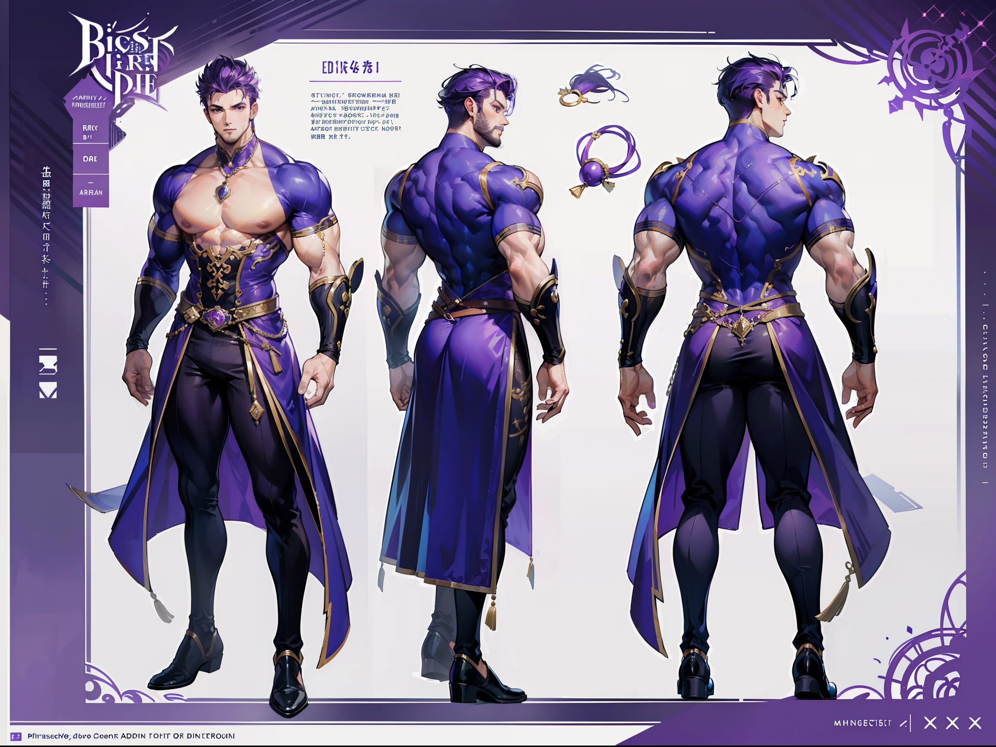 ((Masterpiece, Highest quality)), Detailed face, character design sheet， full bodyesbian, Full of details, body front view, body back view, Highly detailed, Depth, Many parts, Muscle boy with purple hair，handsome man, muscle body, outfit male gods, man tall