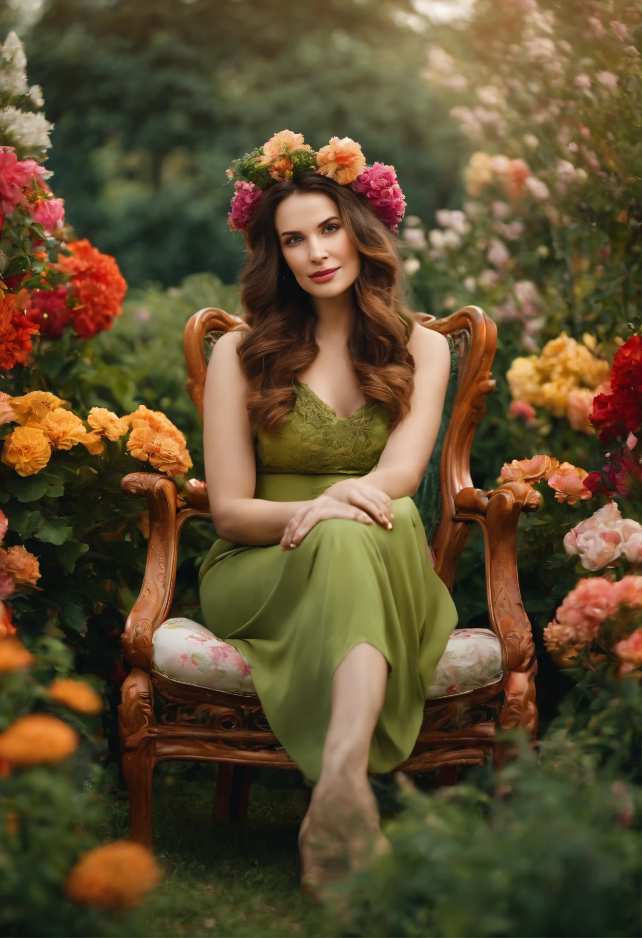 A happy, big-nosed woman is sitting in a comfortable ornate chair surrounded by flowers in a garden