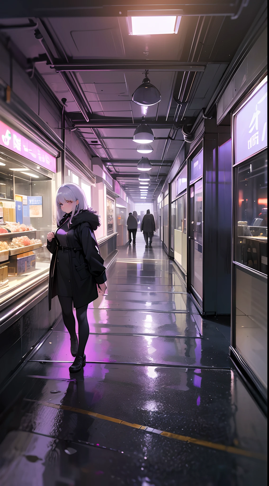 (Best quality,4K,8K,A high resolution,Masterpiece:1.2), Ultra-detailed, (Realistic,Photorealistic,photo-realistic:1.37), White-haired girl, Purple iris, Black coat, Underground mall, Cyberpunk, 废墟, Natural lighting, Cinematic lighting, Japanese anime with well-drawn drawings